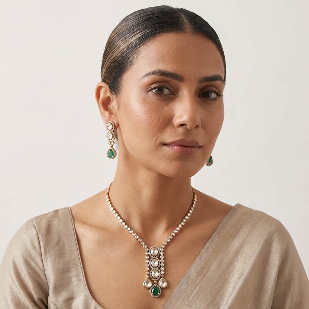 Mataari Necklaces Collar Bridal Kundan Polki Moissanite Necklace with Ruby & Emerald