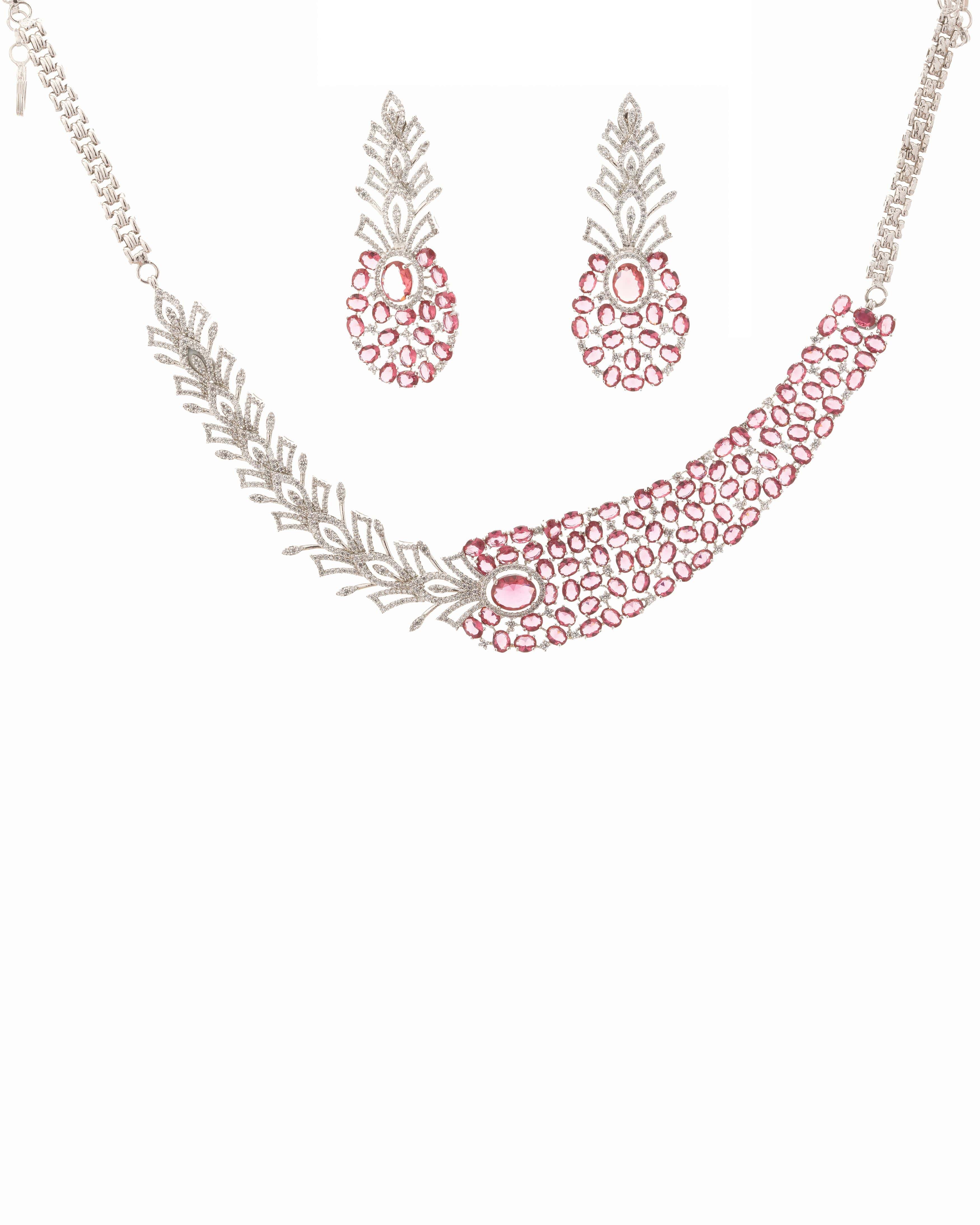 Mataari Necklaces Crimson Cascade Crystal Collar – Silver Leaf | CZ | Indian Jewelry | Mataari