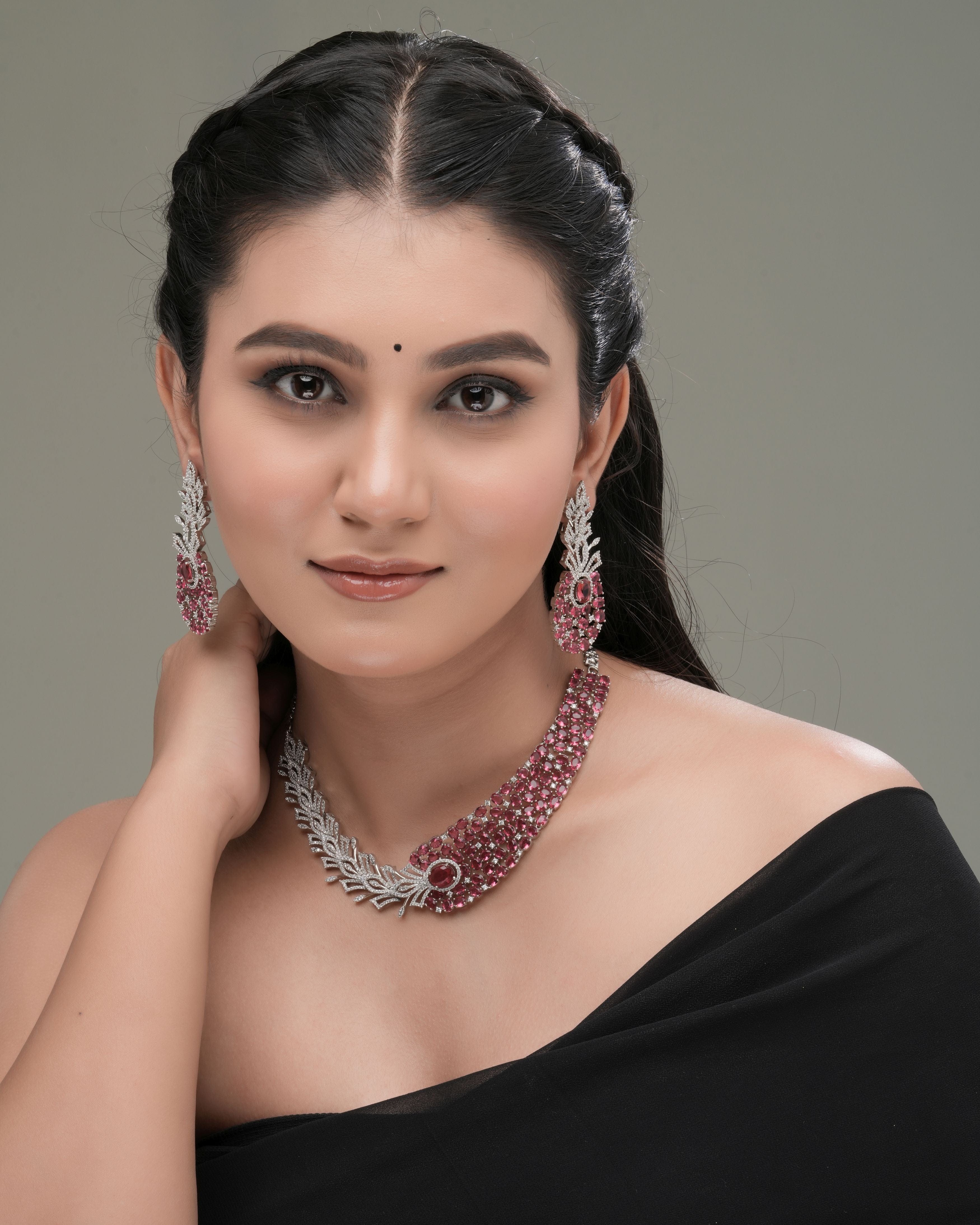 Mataari Necklaces Crimson Cascade Crystal Collar – Silver Leaf | CZ | Indian Jewelry | Mataari