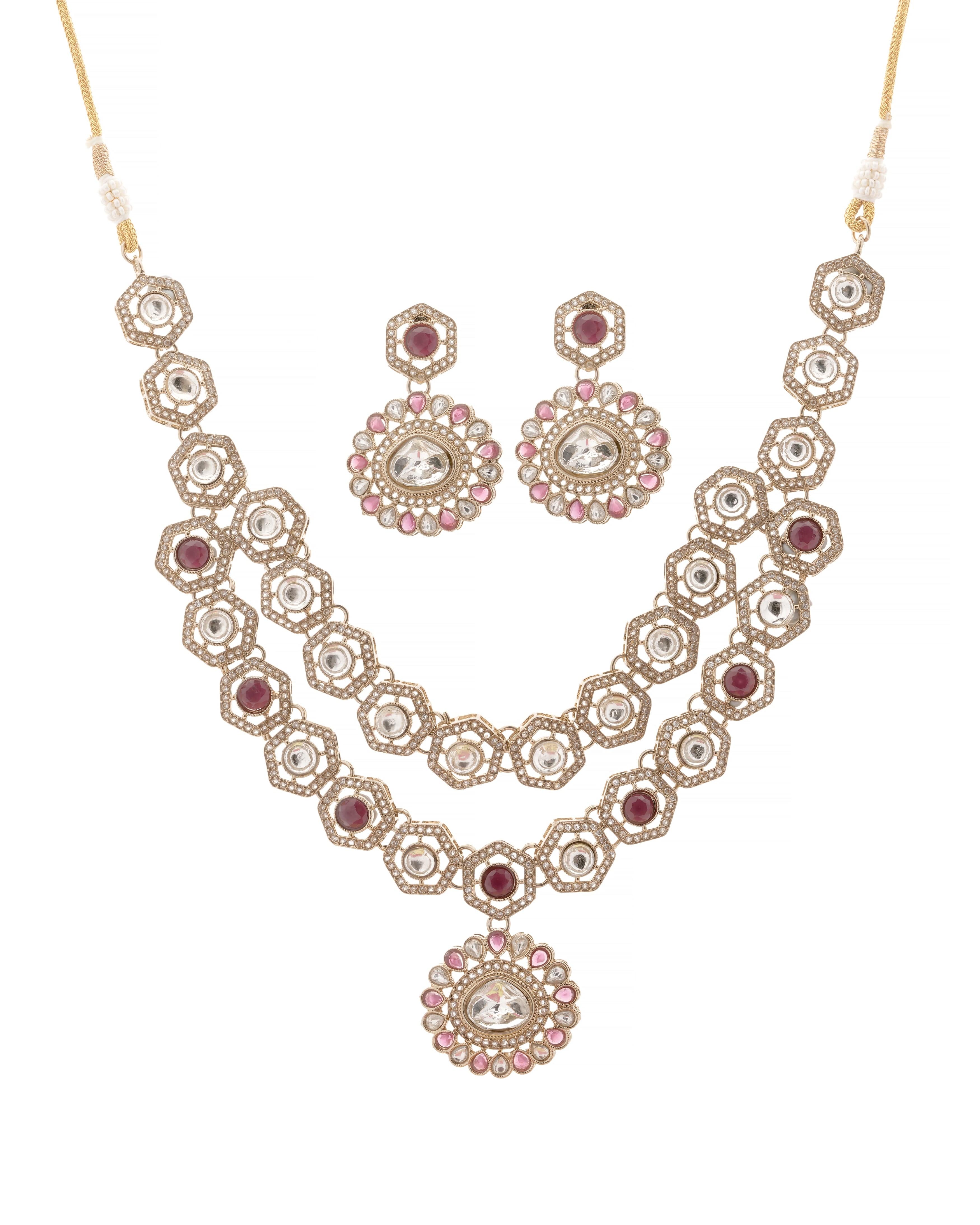 Mataari Necklaces Crimson Crest – Red & Hexagon Zedex | Brass | Indian Jewelry | Mataari