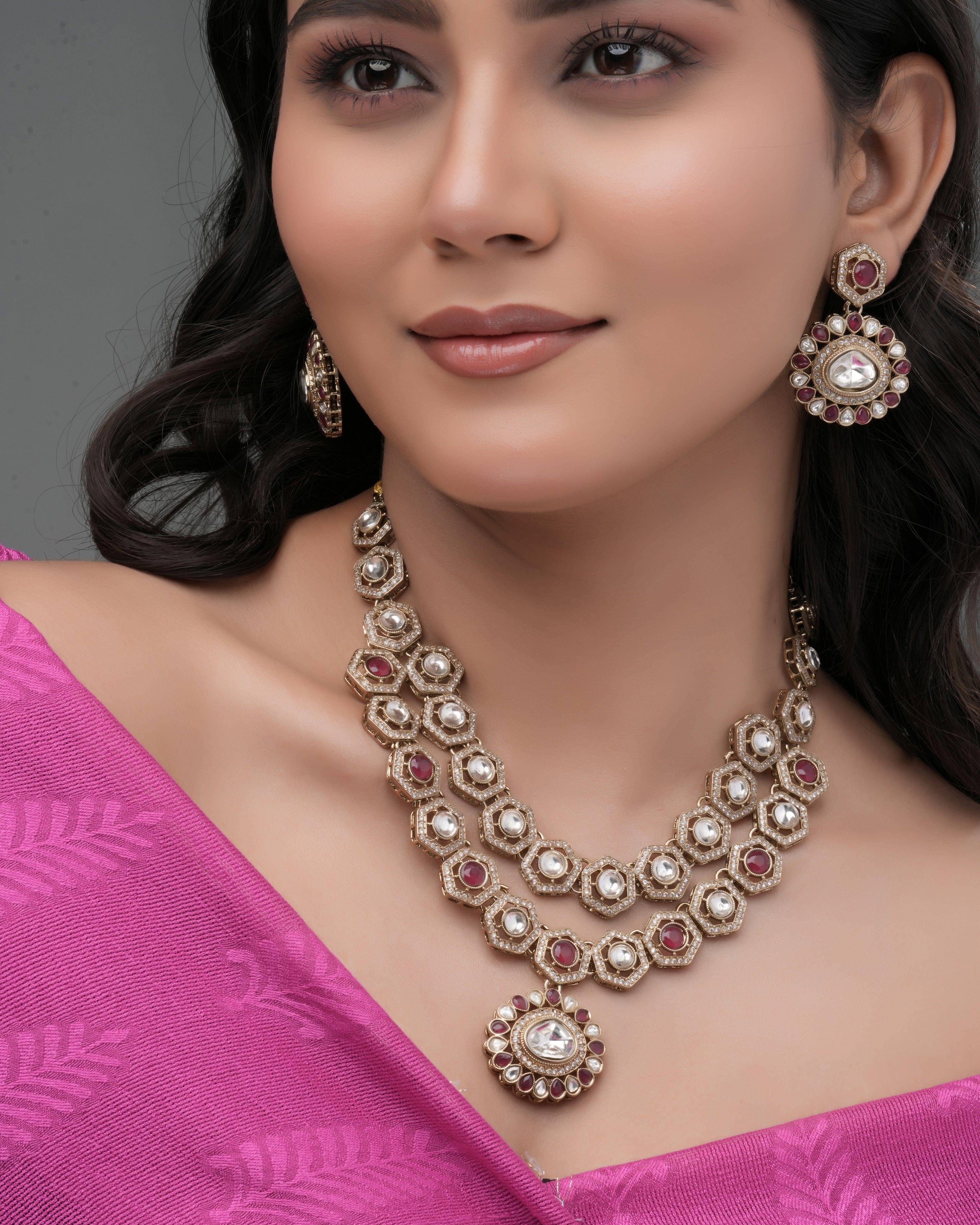 Mataari Necklaces Crimson Crest – Red & Hexagon Zedex | Brass | Indian Jewelry | Mataari