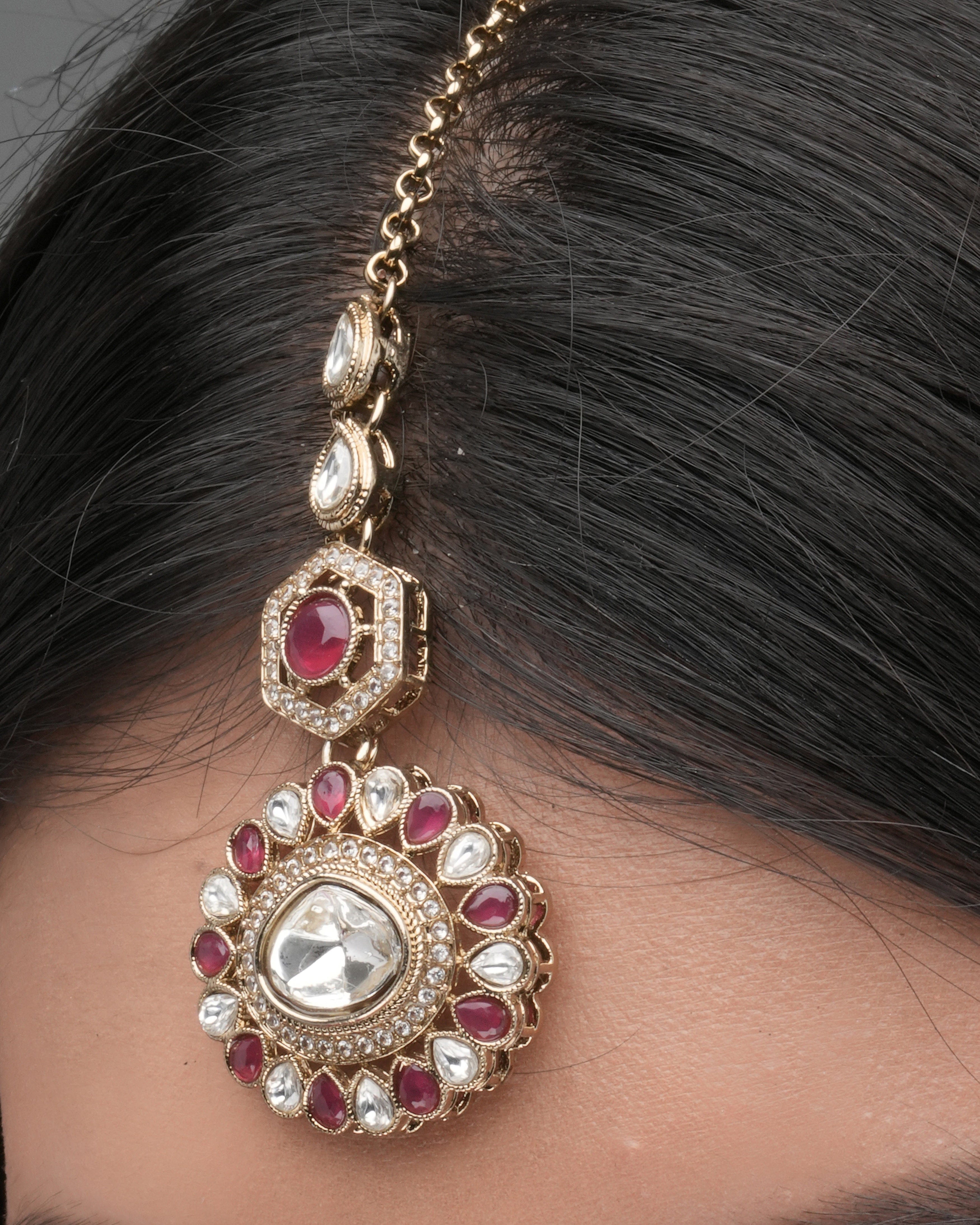 Mataari Necklaces Crimson Crest – Red & Hexagon Zedex | Brass | Indian Jewelry | Mataari