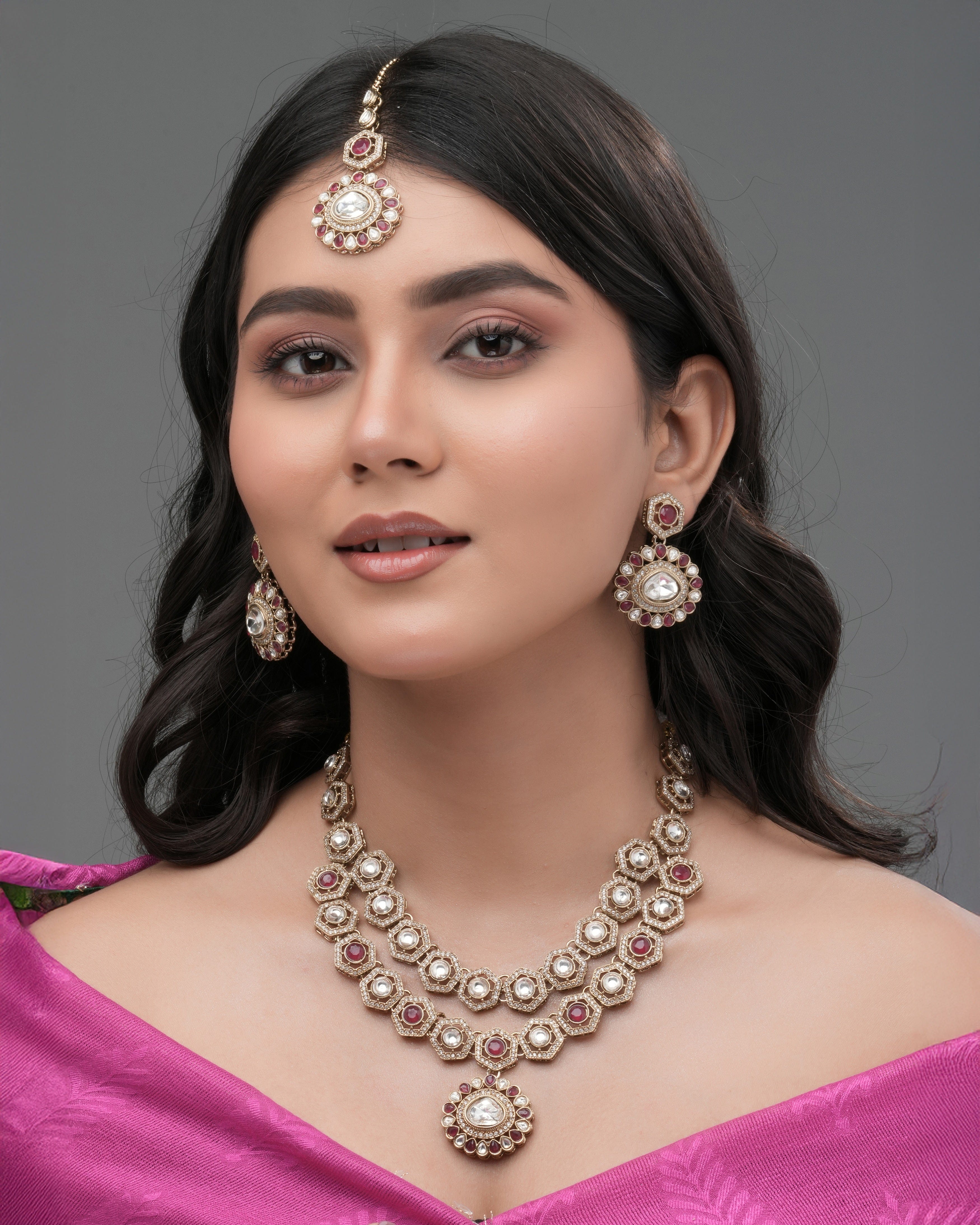 Mataari Necklaces Crimson Crest – Red & Hexagon Zedex | Brass | Indian Jewelry | Mataari
