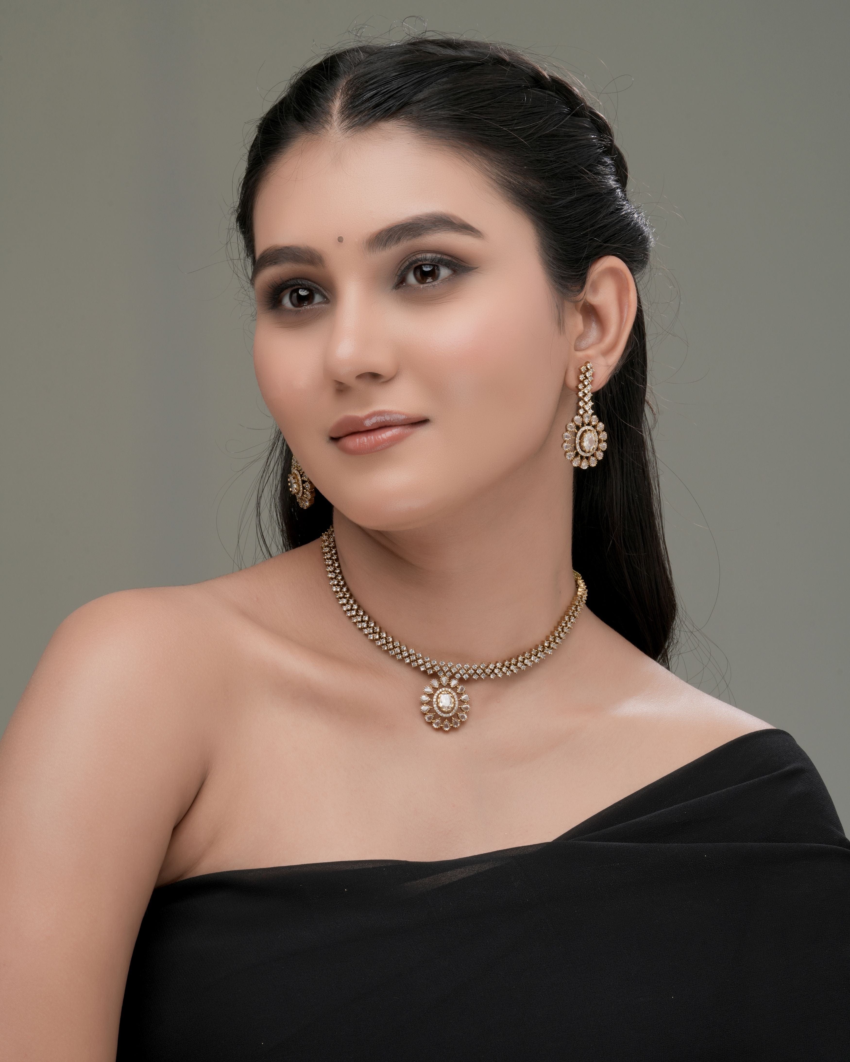 Mataari Necklaces Antique Glimmer Single Drop CZ Necklace & Earrings Set | Pink, Crystal & Green | 18K Gold Tone | Oxidized Indian Jewelry