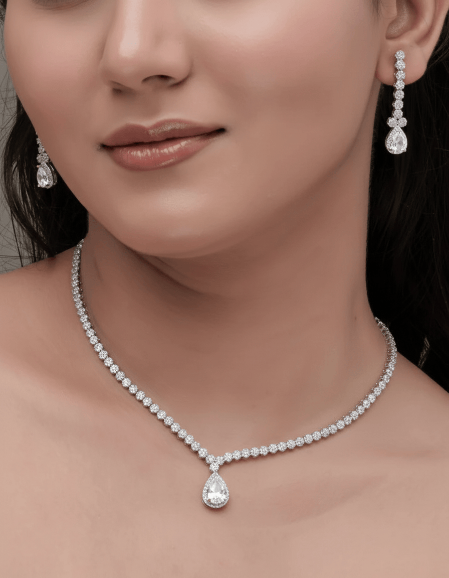 Mataari Necklaces Eternal Bloom Necklace & Earrings | Rhodium | Indian Jewelry | Mataari