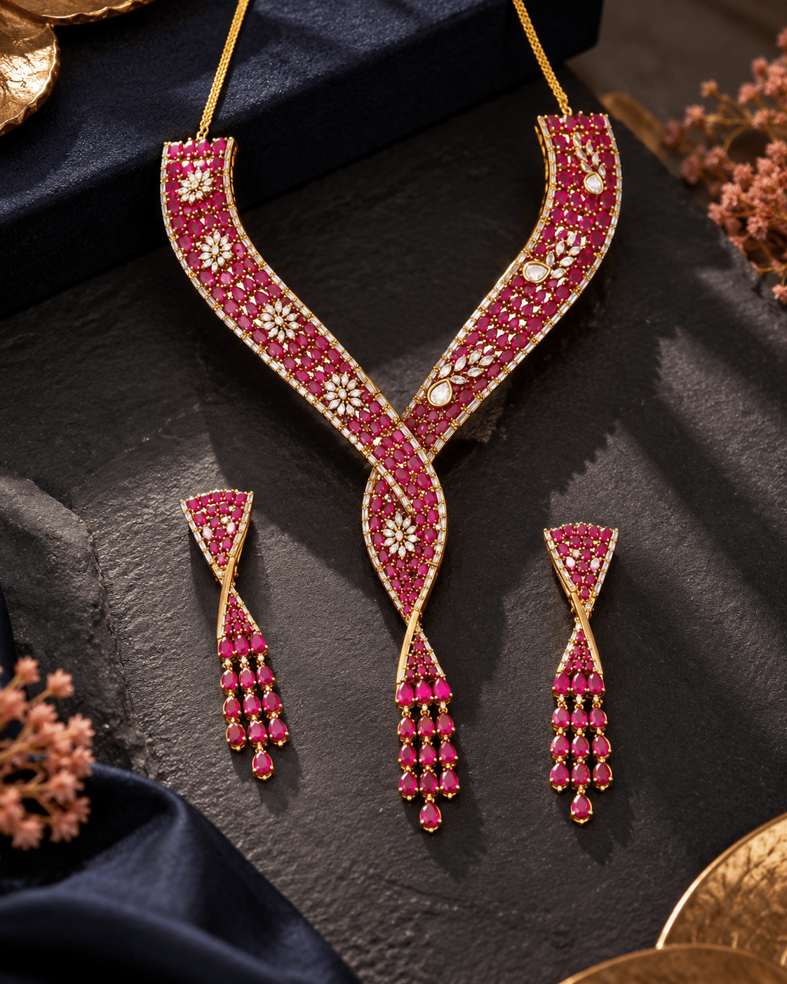 Mataari Necklaces Divya Gold Plated Ruby Crystal CZ Collar Necklace Set