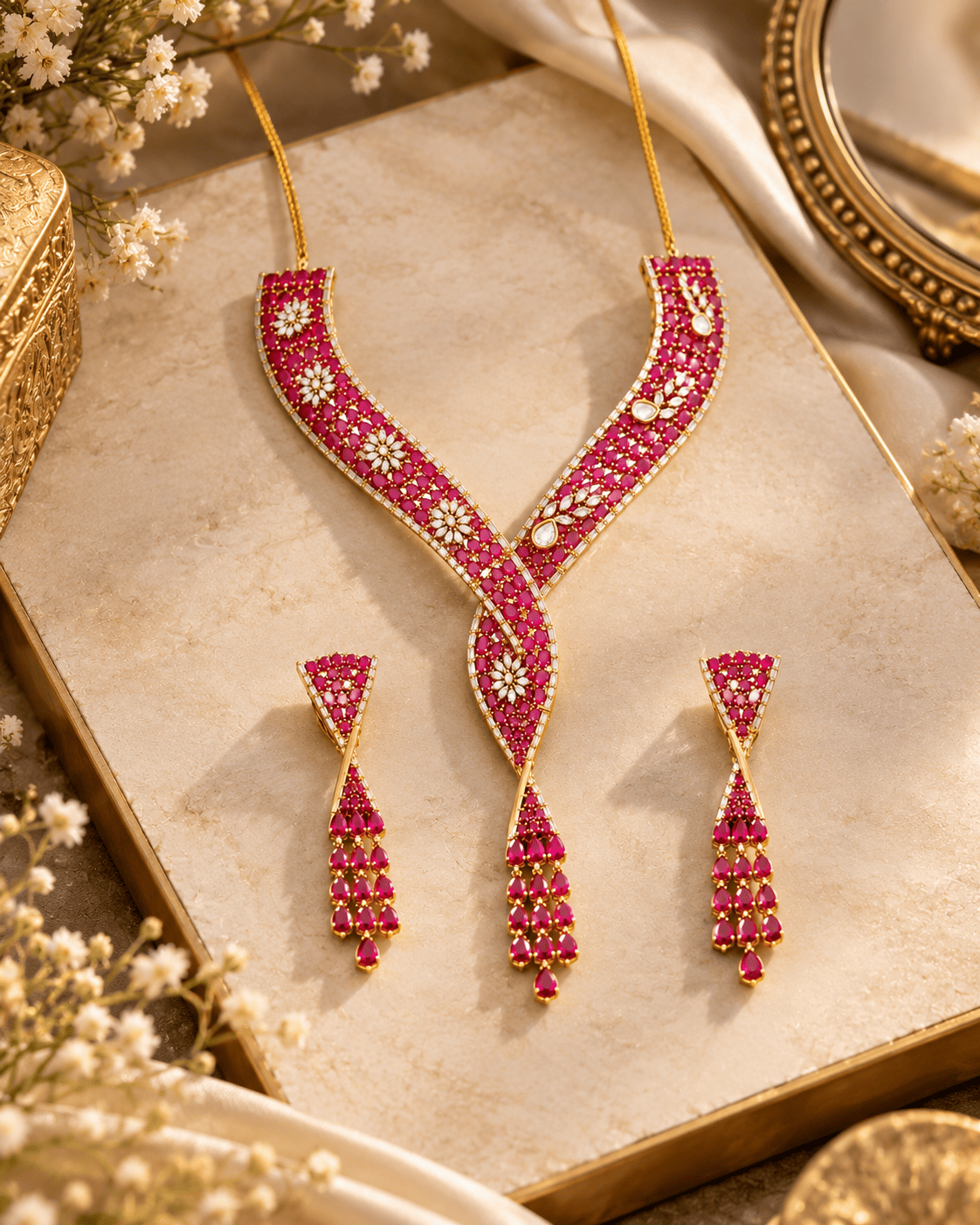 Mataari Necklaces Divya Gold Plated Ruby Crystal CZ Collar Necklace Set