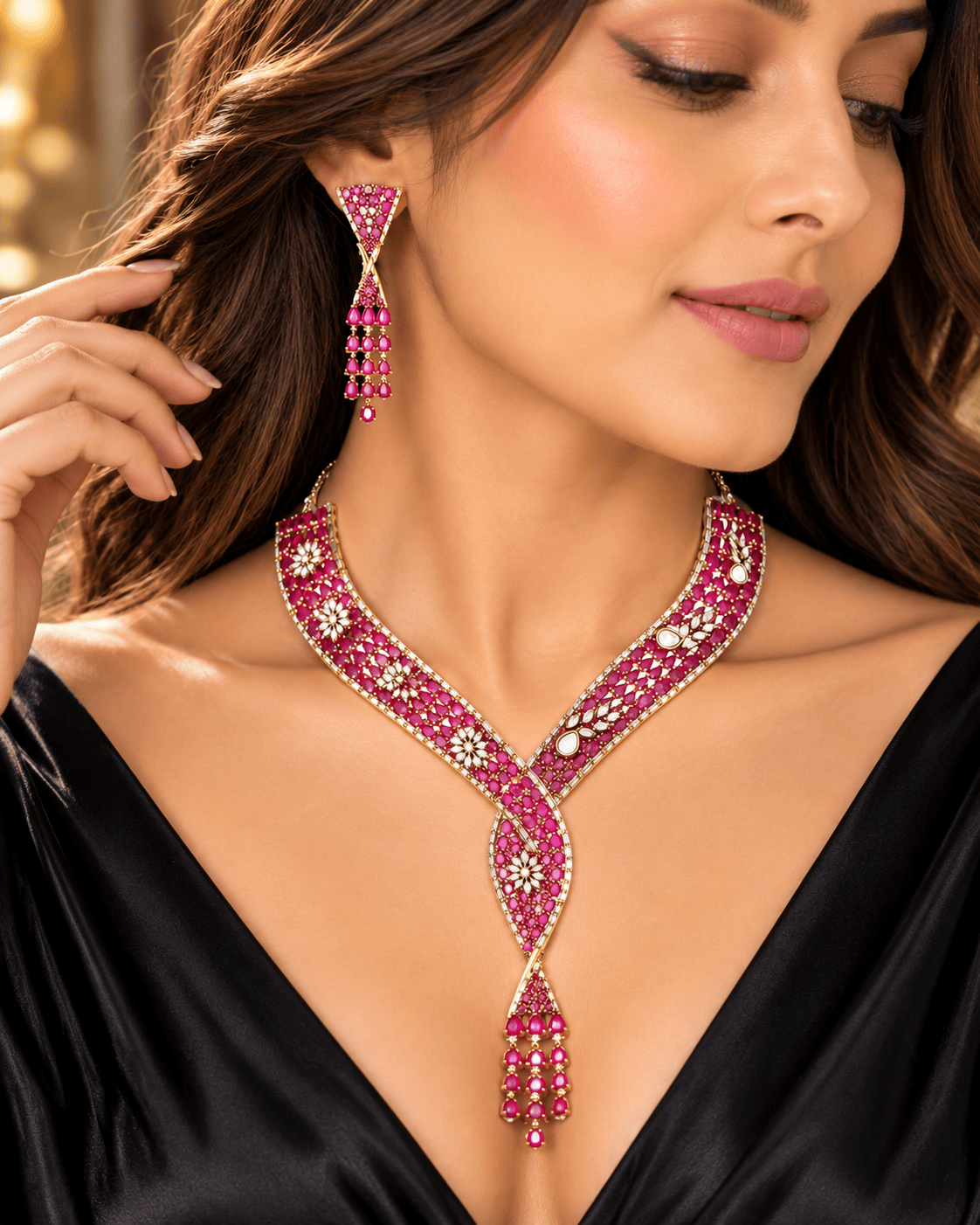 Mataari Necklaces Divya Gold Plated Ruby Crystal CZ Collar Necklace Set