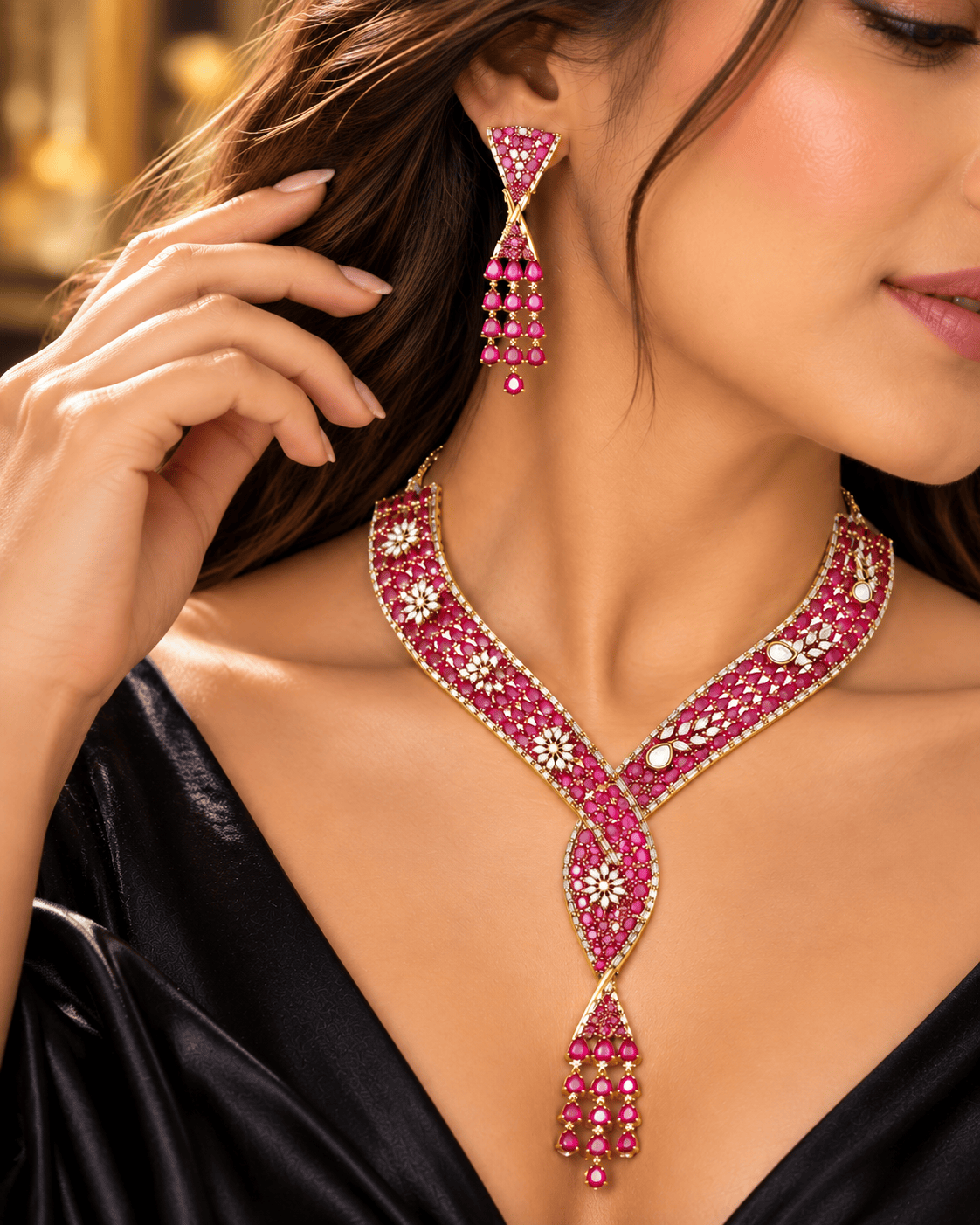 Mataari Necklaces Divya Gold Plated Ruby Crystal CZ Collar Necklace Set