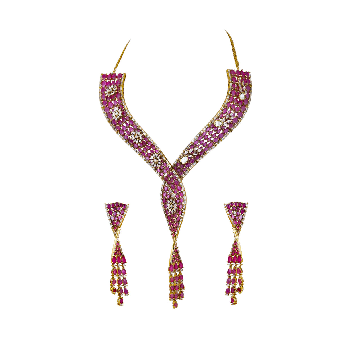 Mataari Necklaces Divya Gold Plated Ruby Crystal CZ Collar Necklace Set