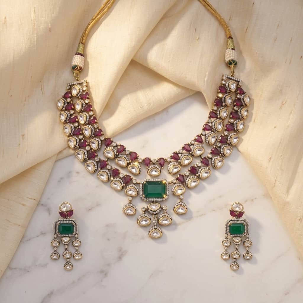 Mataari Necklaces Double Layered Bridal Kundan Polki Moissanite Necklace with Ruby & Emerald Accents
