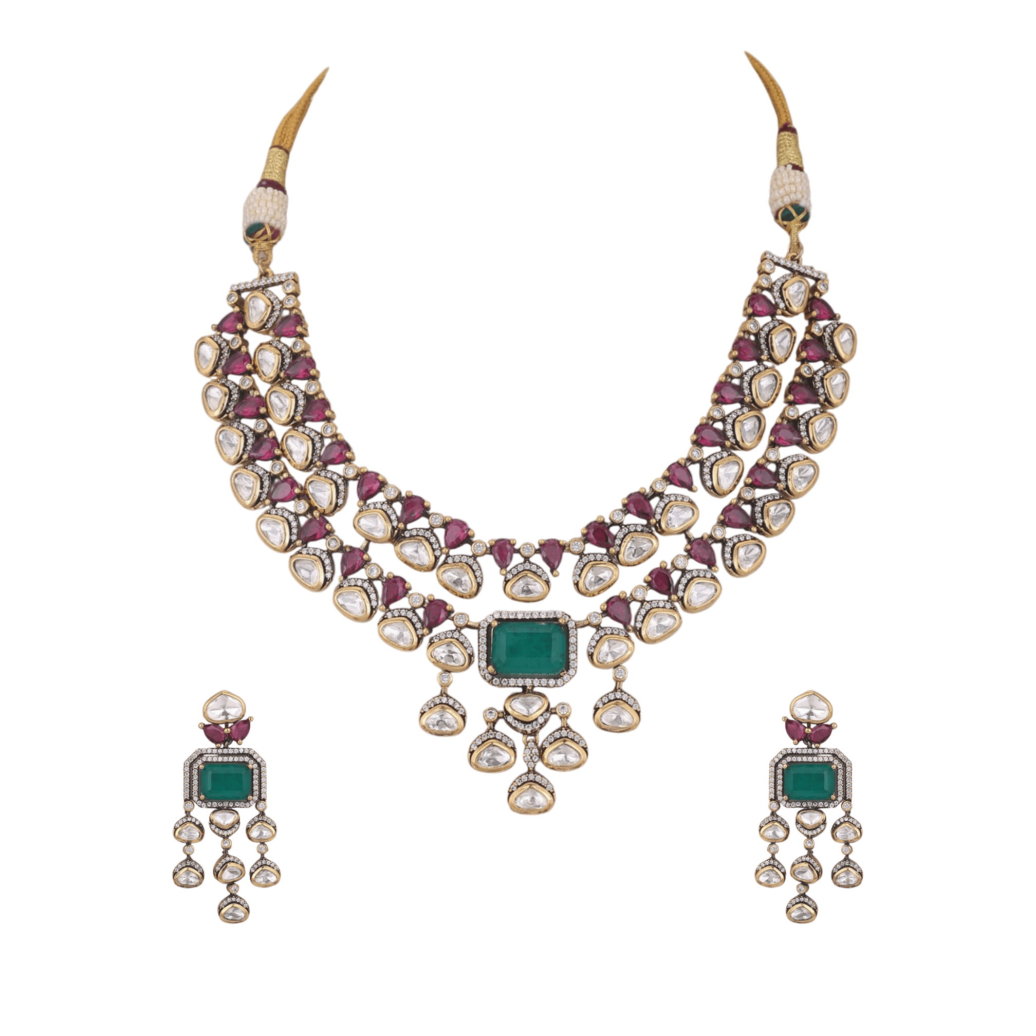 Mataari Necklaces Double Layered Bridal Kundan Polki Moissanite Necklace with Ruby & Emerald Accents