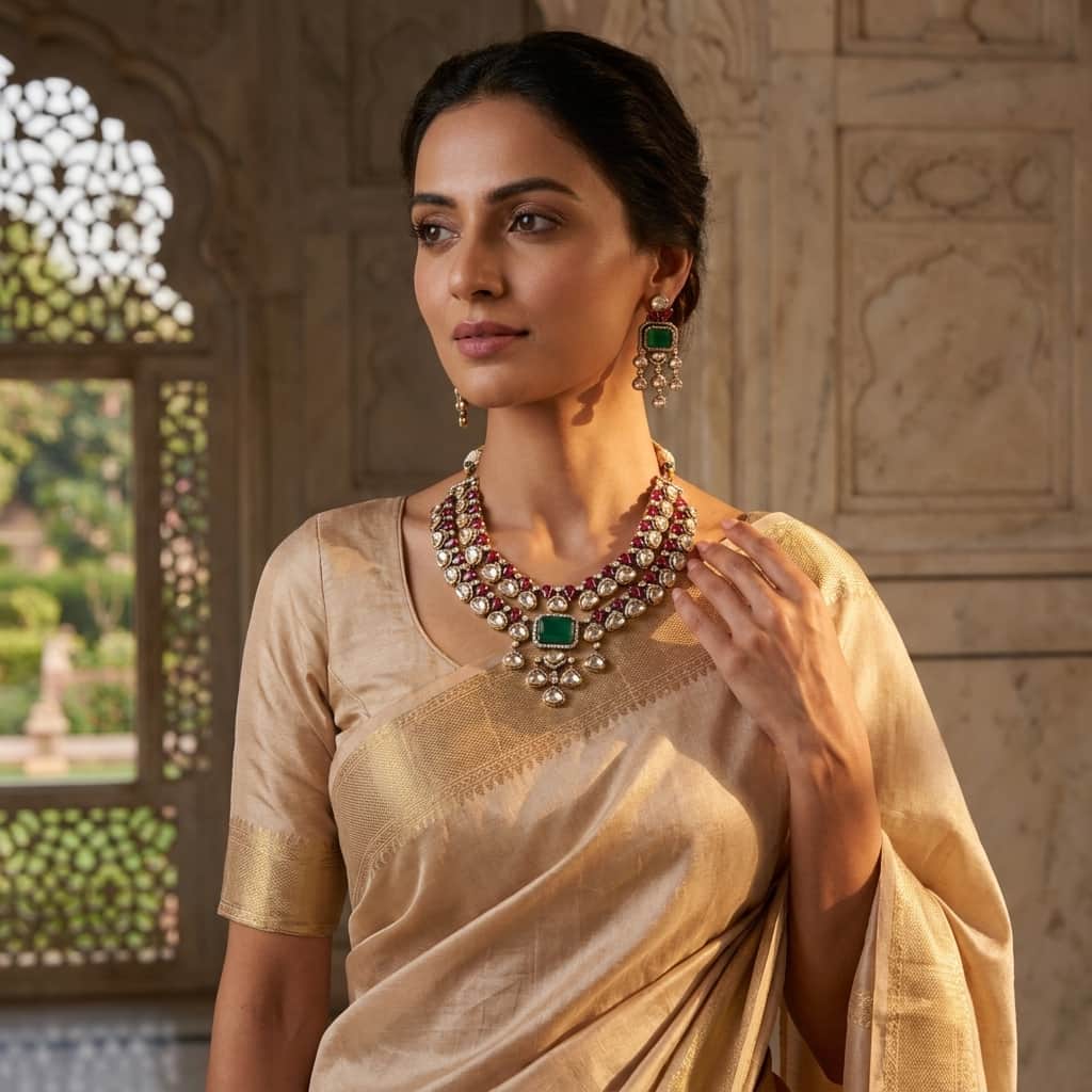 Mataari Necklaces Double Layered Bridal Kundan Polki Moissanite Necklace with Ruby & Emerald Accents