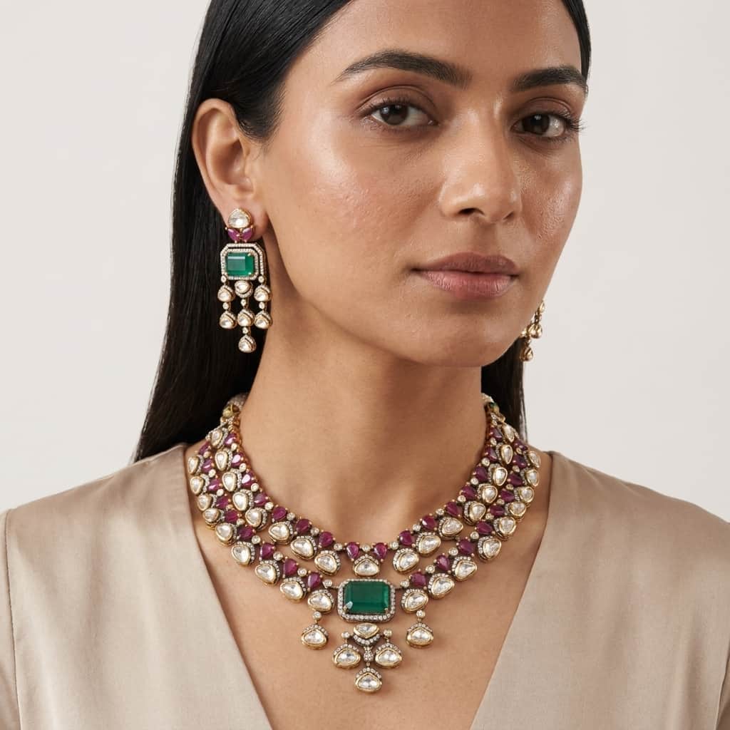 Mataari Necklaces Double Layered Bridal Kundan Polki Moissanite Necklace with Ruby & Emerald Accents
