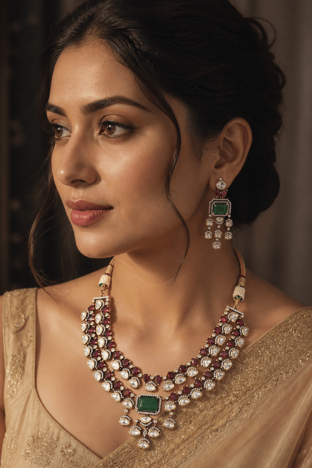 Mataari Necklaces Double Layered Bridal Kundan Polki Moissanite Necklace with Ruby & Emerald Accents