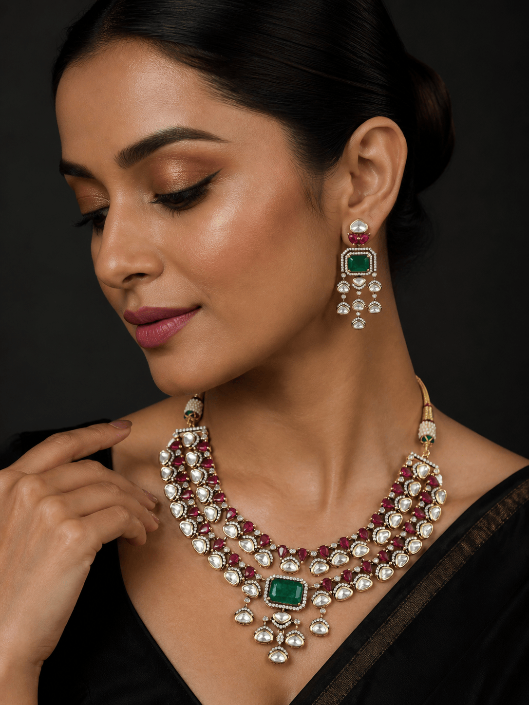 Mataari Necklaces Double Layered Bridal Kundan Polki Moissanite Necklace with Ruby & Emerald Accents