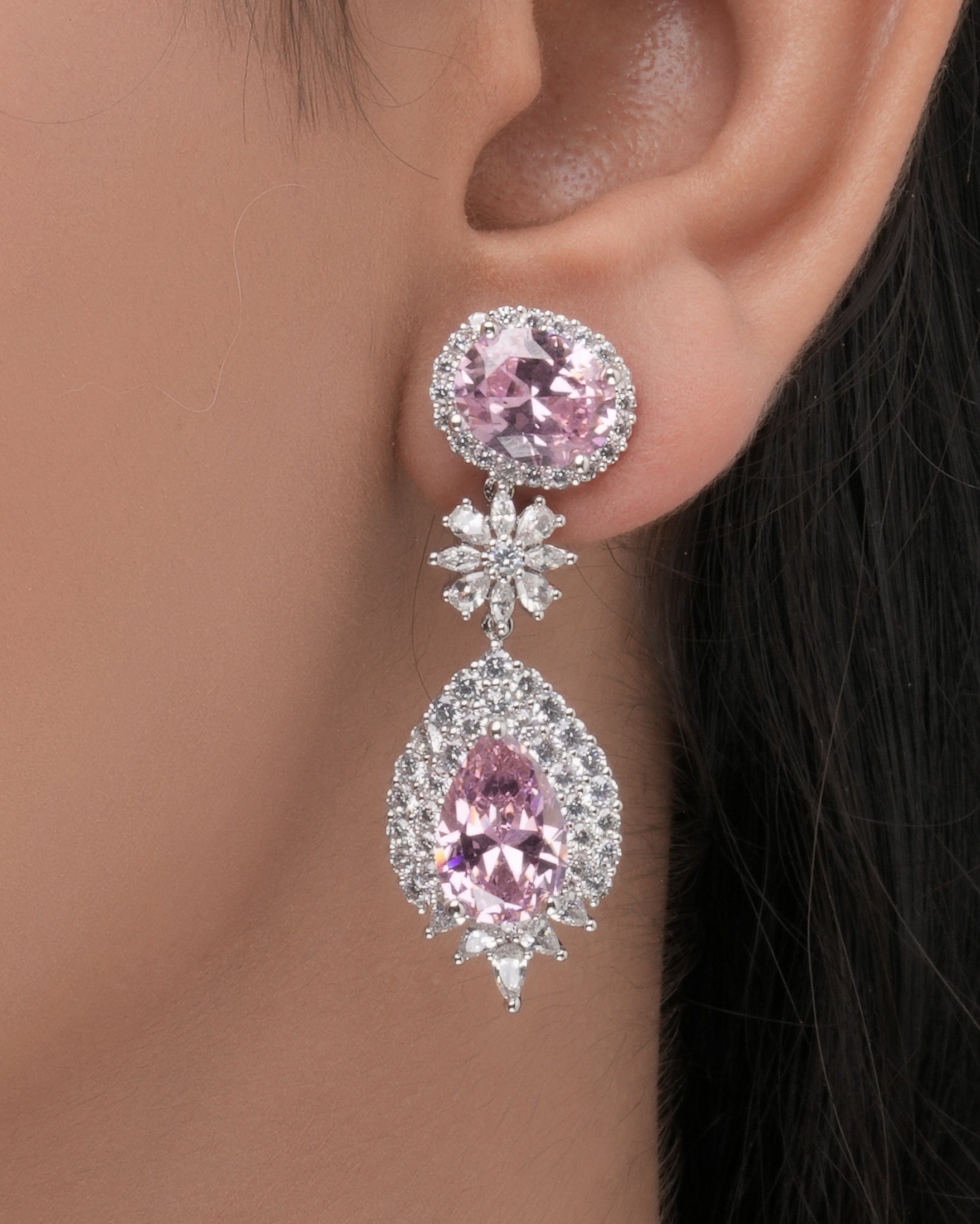 Mataari Necklaces Duo Drop Tennis Necklace & Earring Set | Rhodium | Indian Jewelry | Mataari