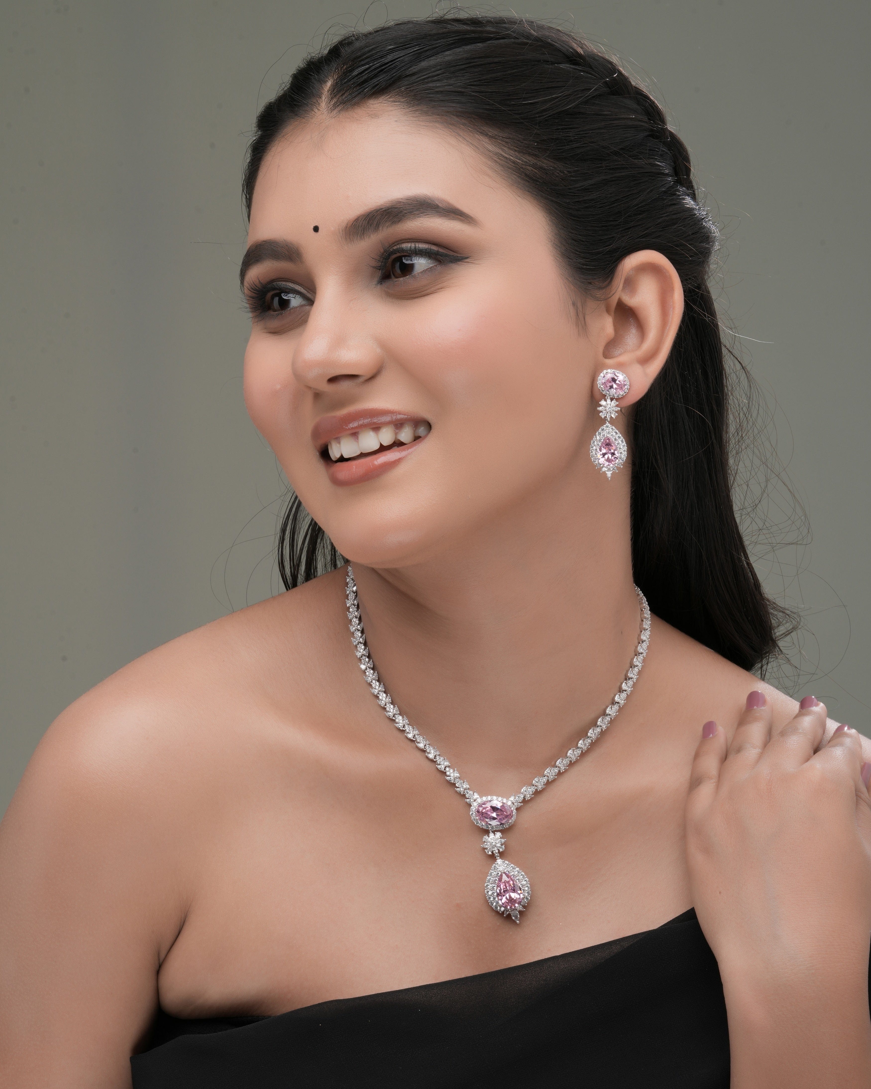 Mataari Necklaces Duo Drop Tennis Necklace & Earring Set | Rhodium | Indian Jewelry | Mataari