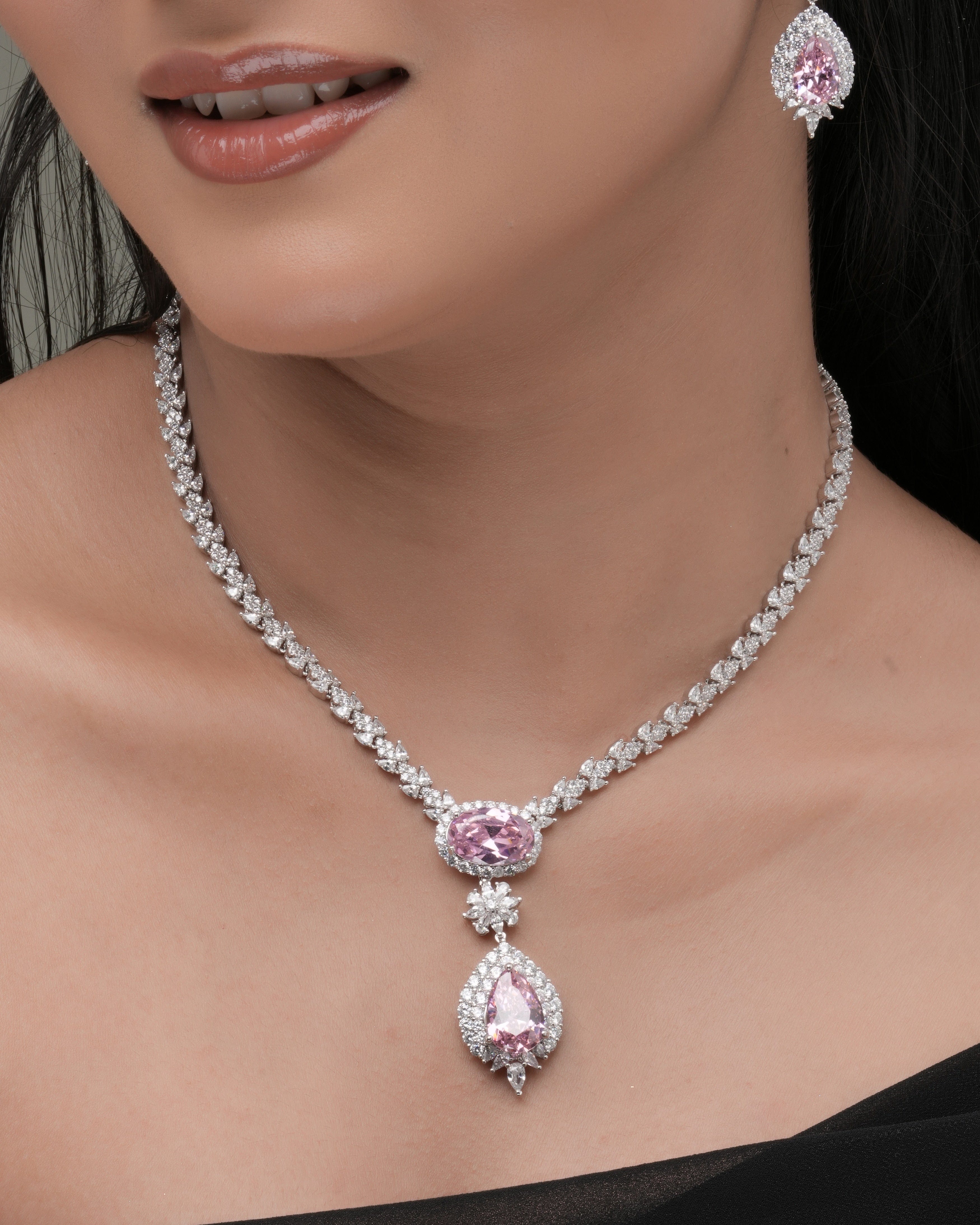 Mataari Necklaces Duo Drop Tennis Necklace & Earring Set | Rhodium | Indian Jewelry | Mataari
