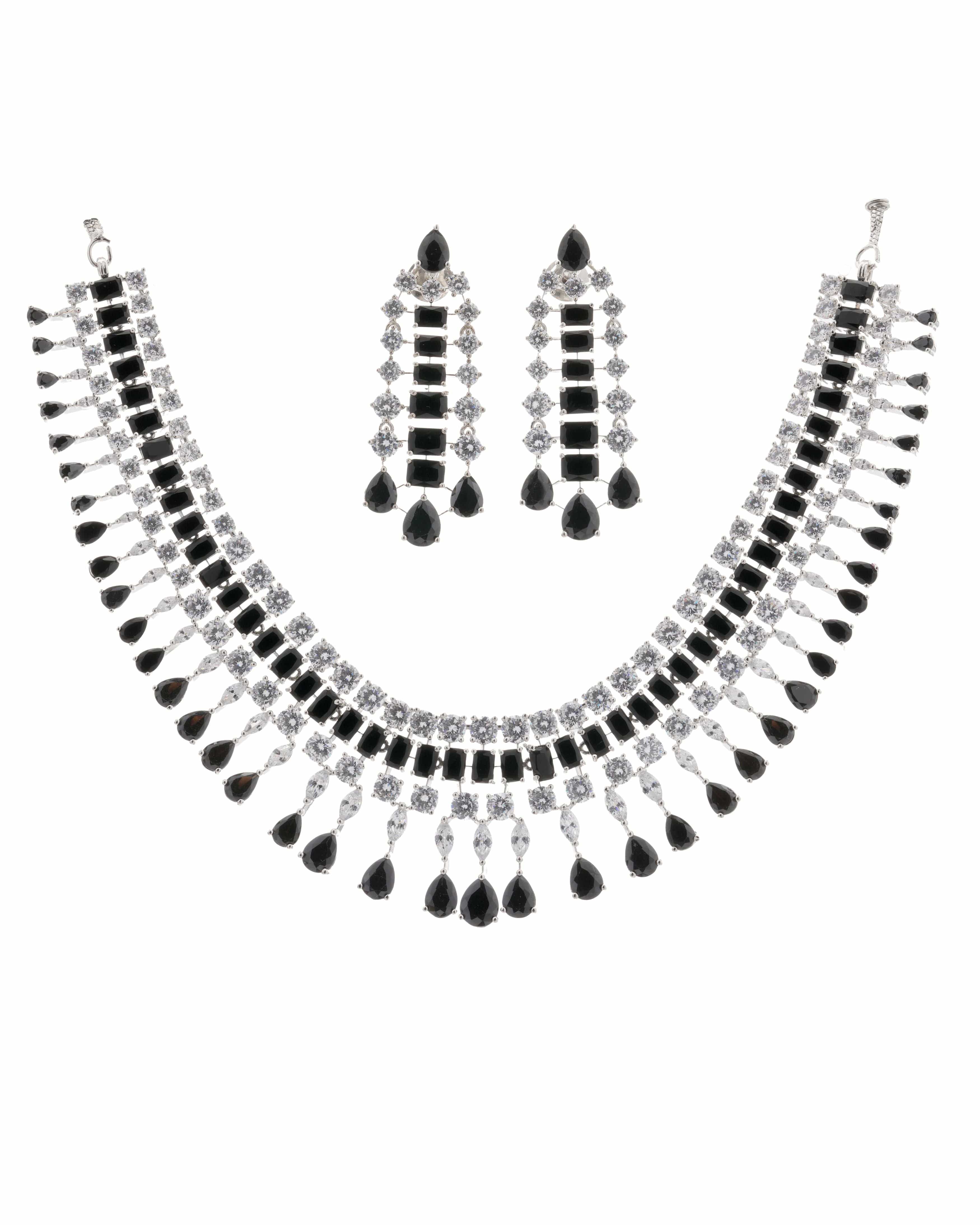 Mataari Necklaces Ebony Radiance Adjustable CZ Necklace & Teardrop Earrings Set | Black Glass & CZ | Premium Rhodium Finish | Indian Wedding Jewelry