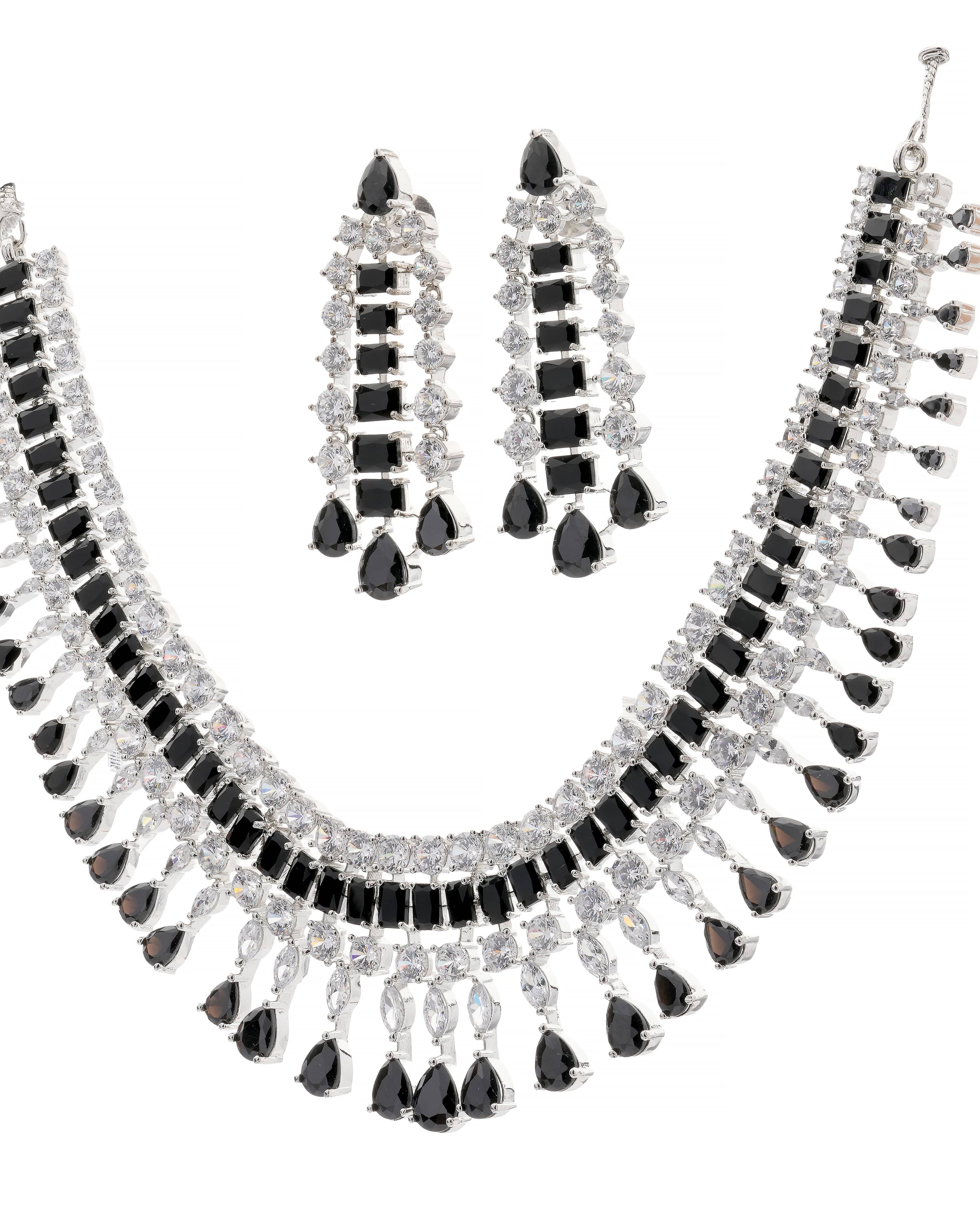 Mataari Necklaces Ebony Radiance Adjustable CZ Necklace & Teardrop Earrings Set | Black Glass & CZ | Premium Rhodium Finish | Indian Wedding Jewelry