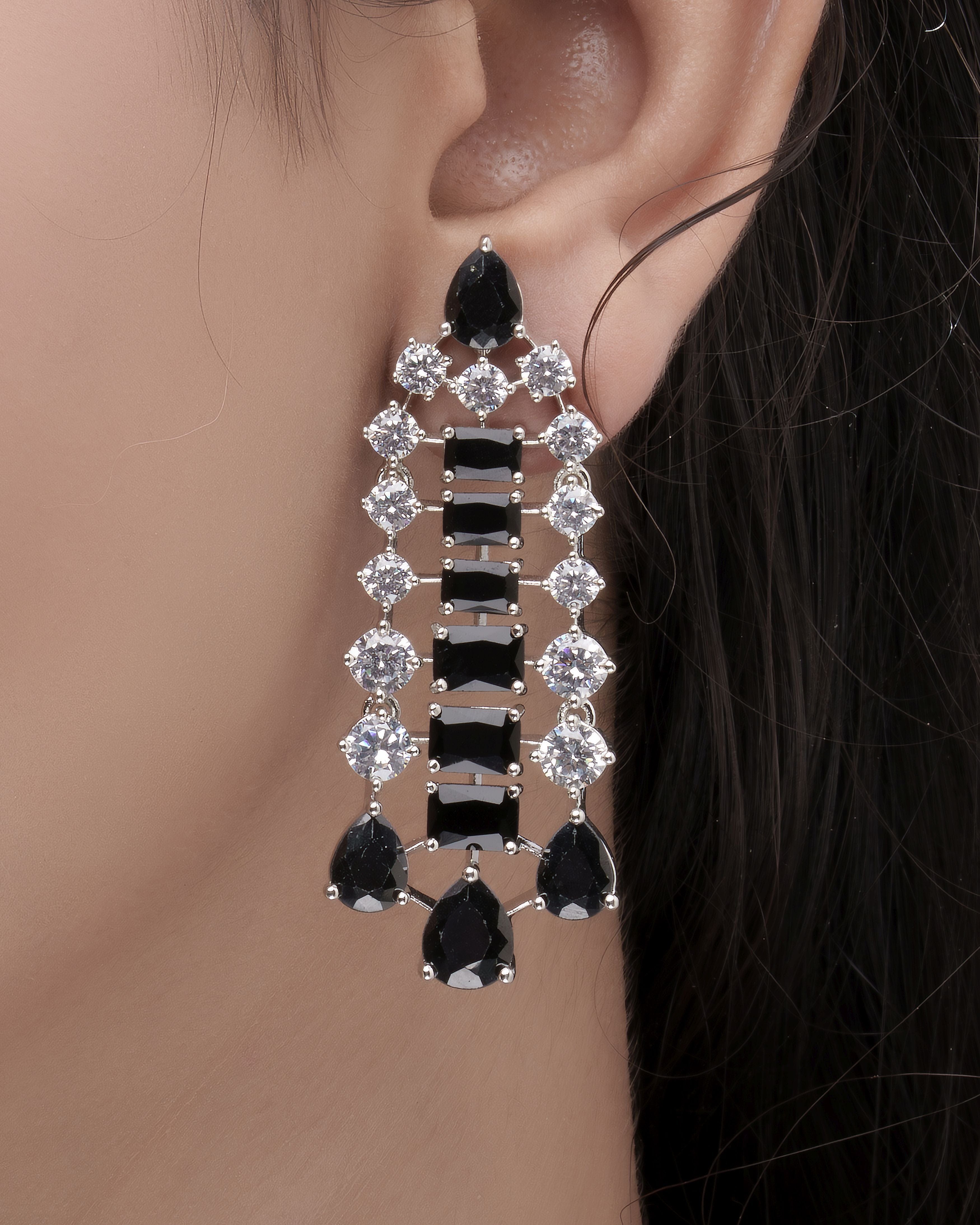 Mataari Necklaces Ebony Radiance Adjustable CZ Necklace & Teardrop Earrings Set | Black Glass & CZ | Premium Rhodium Finish | Indian Wedding Jewelry