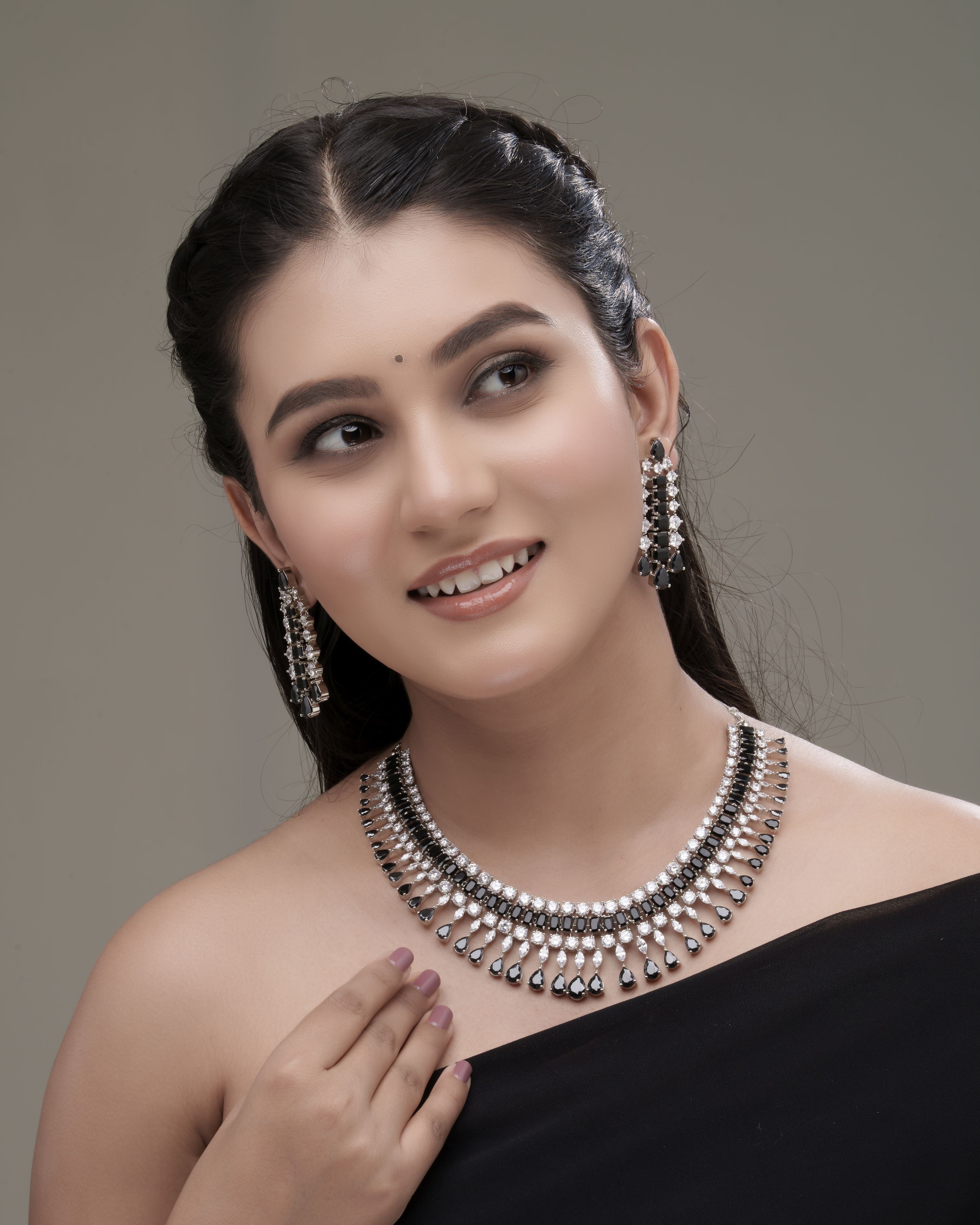 Mataari Necklaces Ebony Radiance Adjustable CZ Necklace & Teardrop Earrings Set | Black Glass & CZ | Premium Rhodium Finish | Indian Wedding Jewelry
