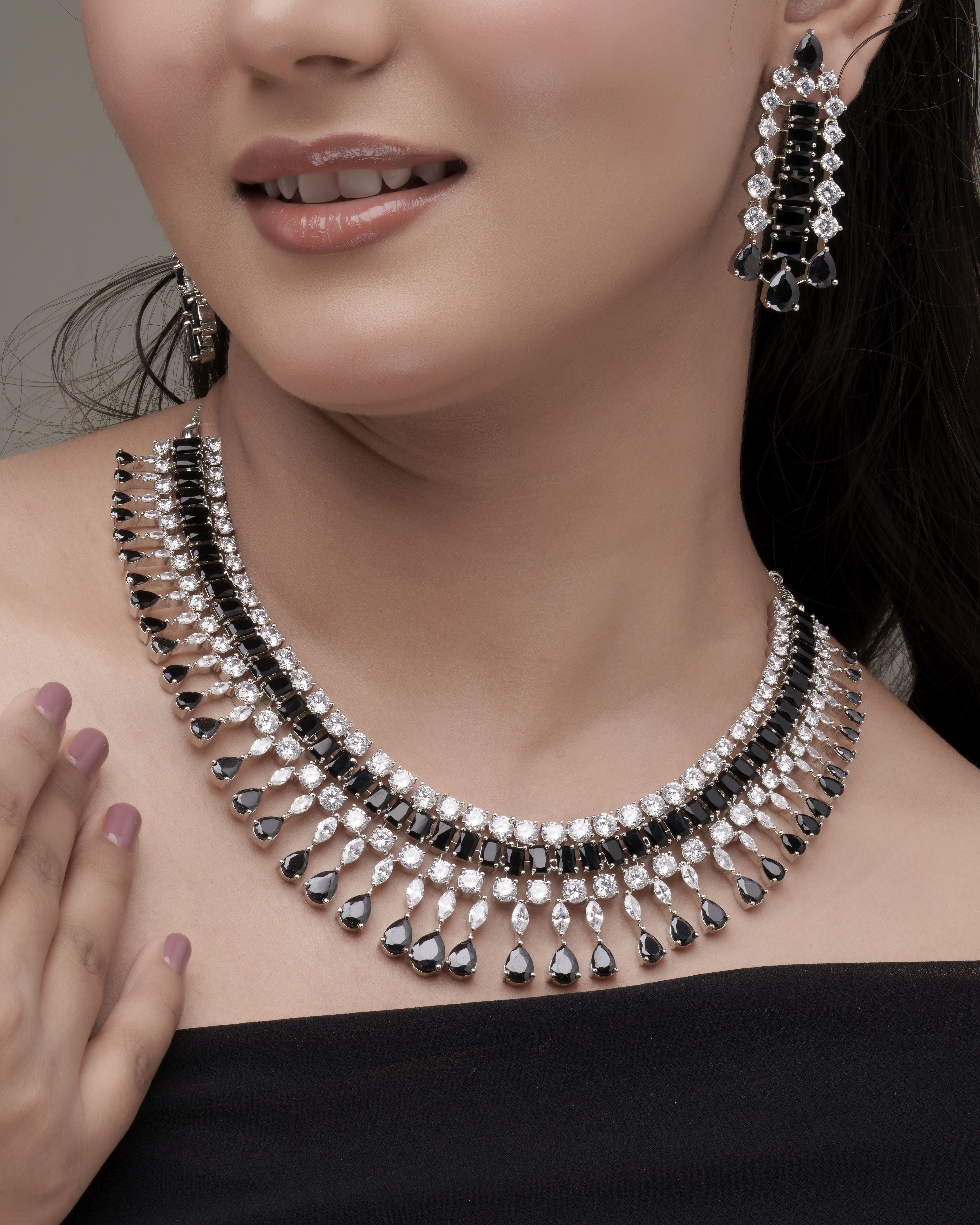 Mataari Necklaces Ebony Radiance Adjustable CZ Necklace & Teardrop Earrings Set | Black Glass & CZ | Premium Rhodium Finish | Indian Wedding Jewelry