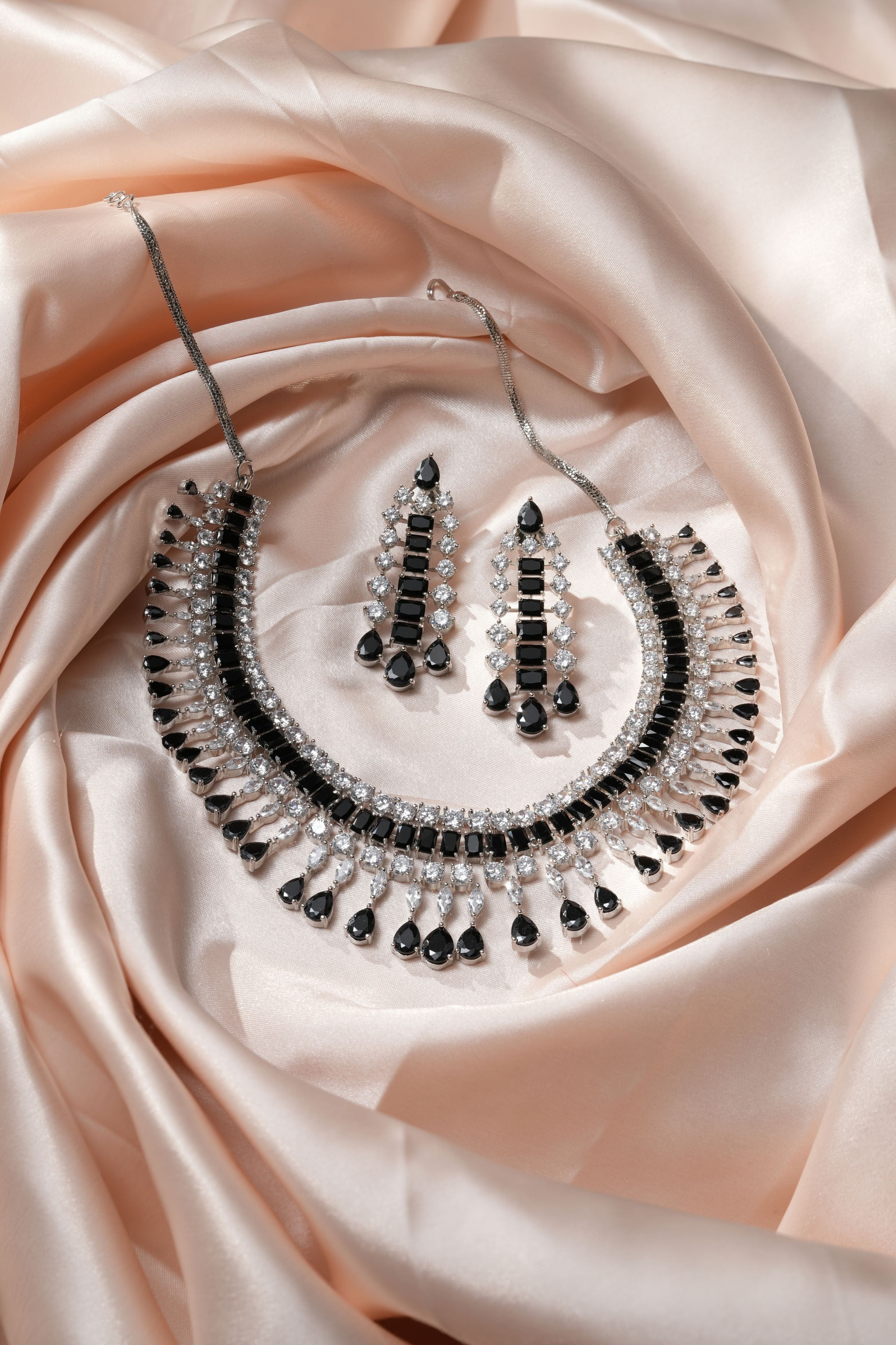 Mataari Necklaces Ebony Radiance Adjustable CZ Necklace & Teardrop Earrings Set | Black Glass & CZ | Premium Rhodium Finish | Indian Wedding Jewelry