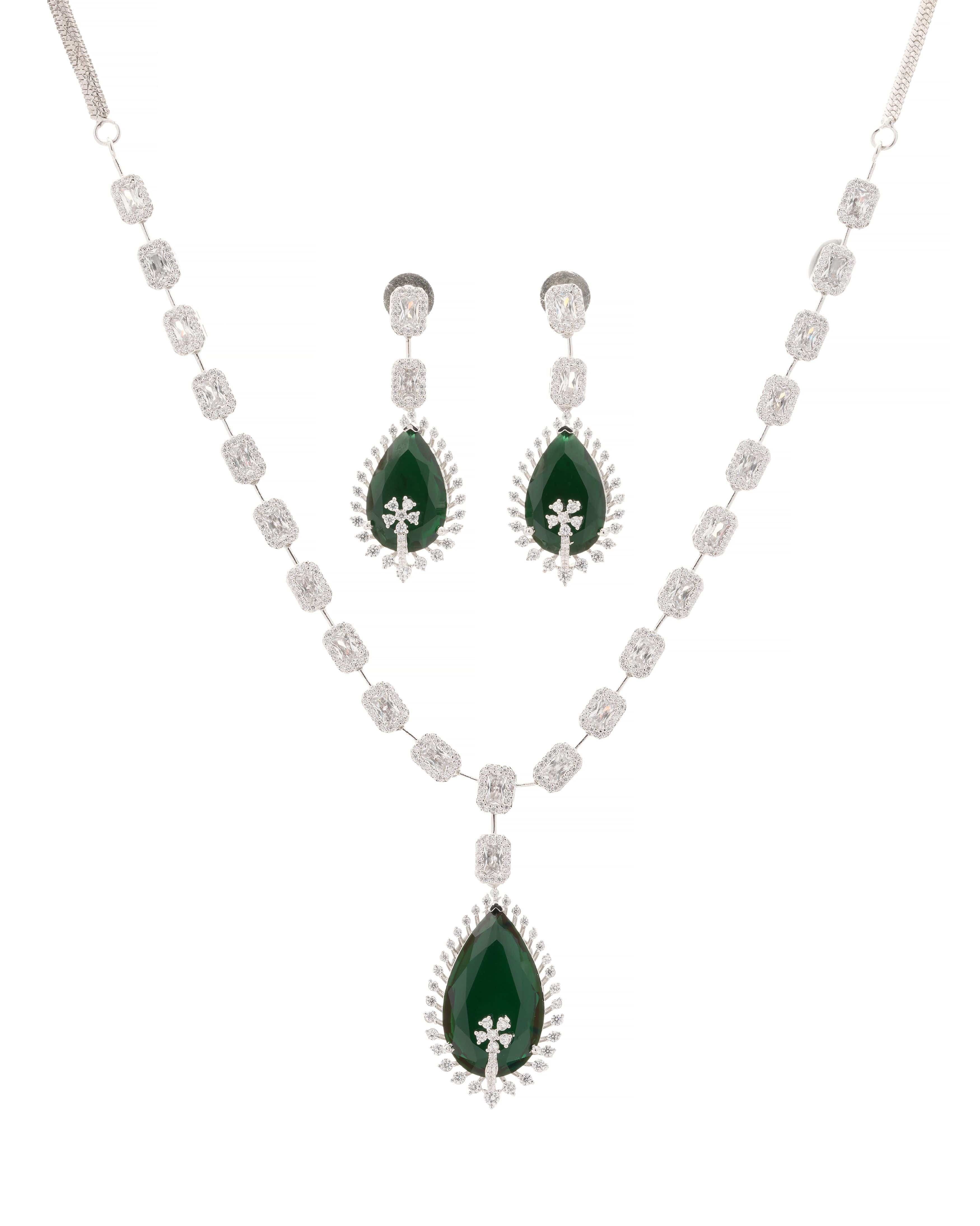 Mataari Necklaces Elegant Green Teardrop Necklace & Earrings Set – Crystal Studded Statement Jewelry