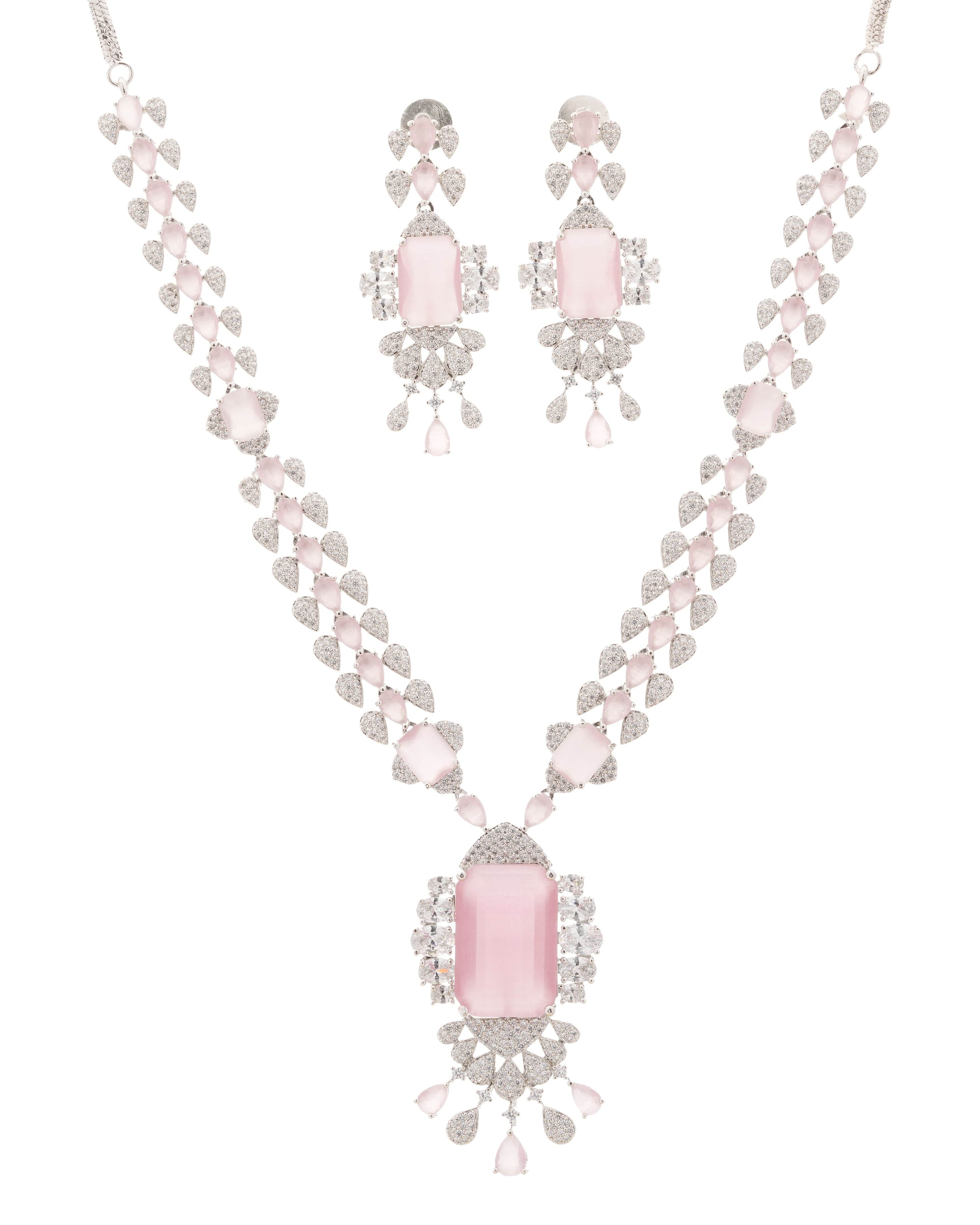 Mataari Necklaces Elegant Green Teardrop Necklace & Earrings Set | Rhodium | Indian Jewelry | Mataari
