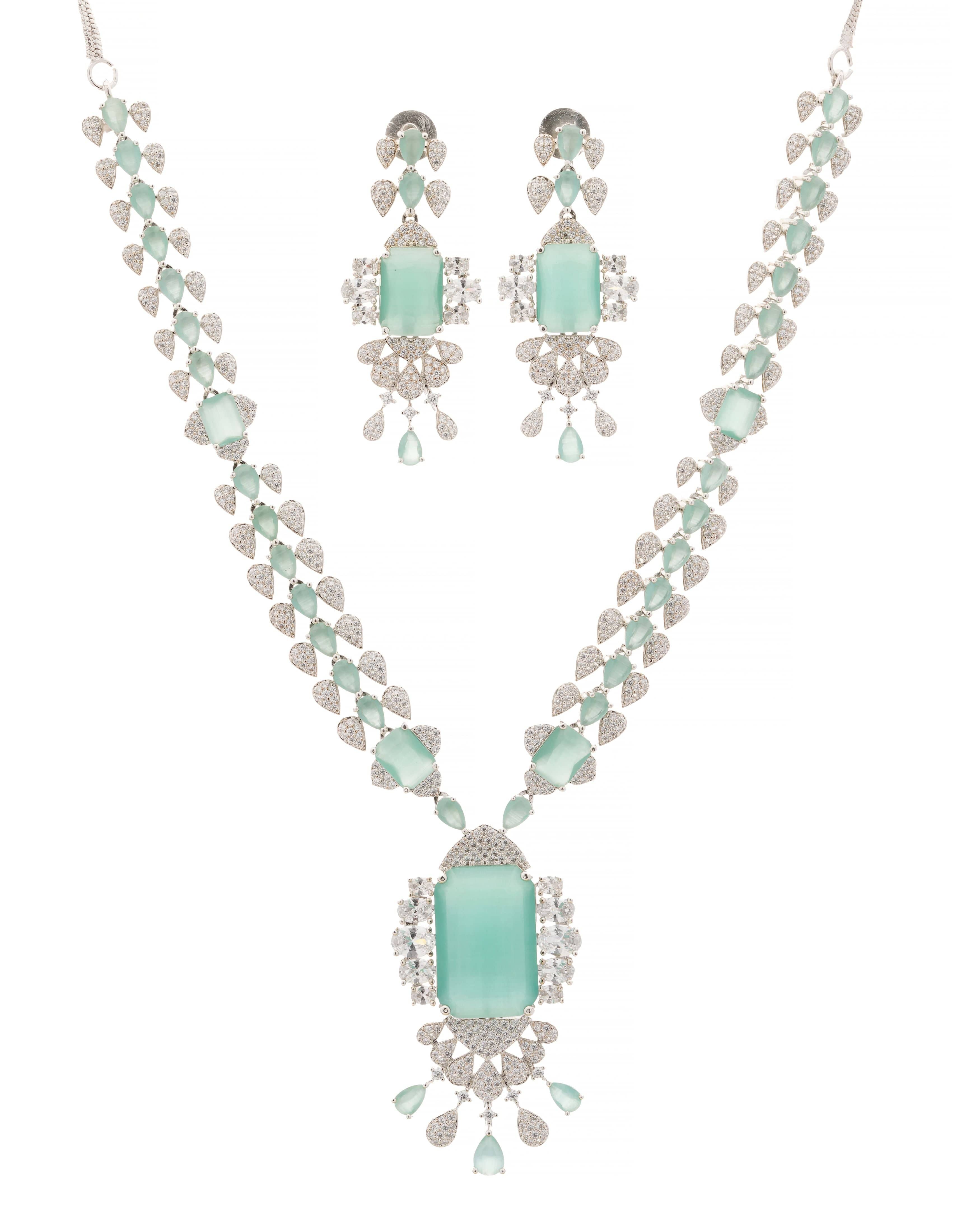 Mataari Necklaces Elegant Green Teardrop Necklace & Earrings Set | Rhodium | Indian Jewelry | Mataari