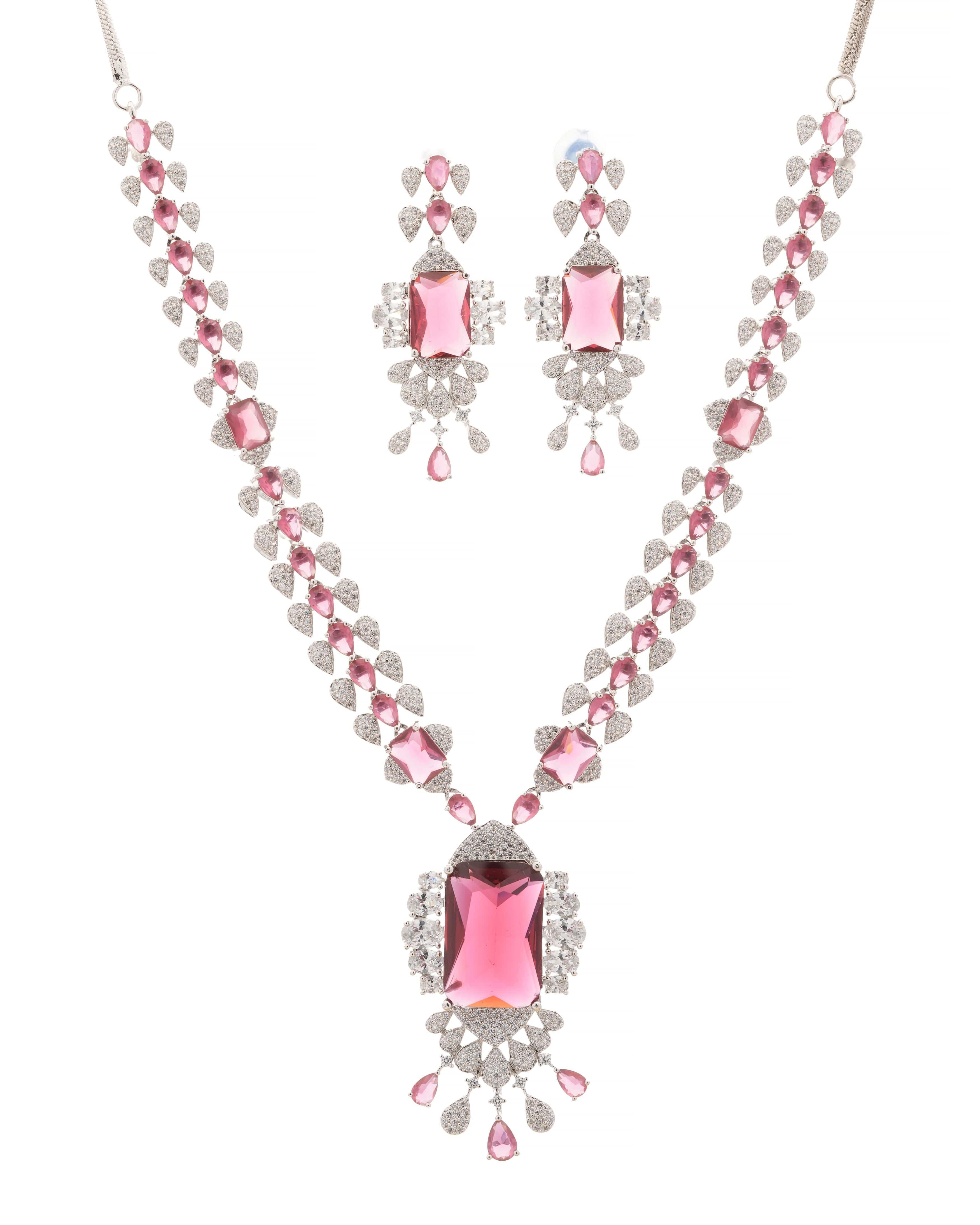 Mataari Necklaces Elegant Green Teardrop Necklace & Earrings Set | Rhodium | Indian Jewelry | Mataari