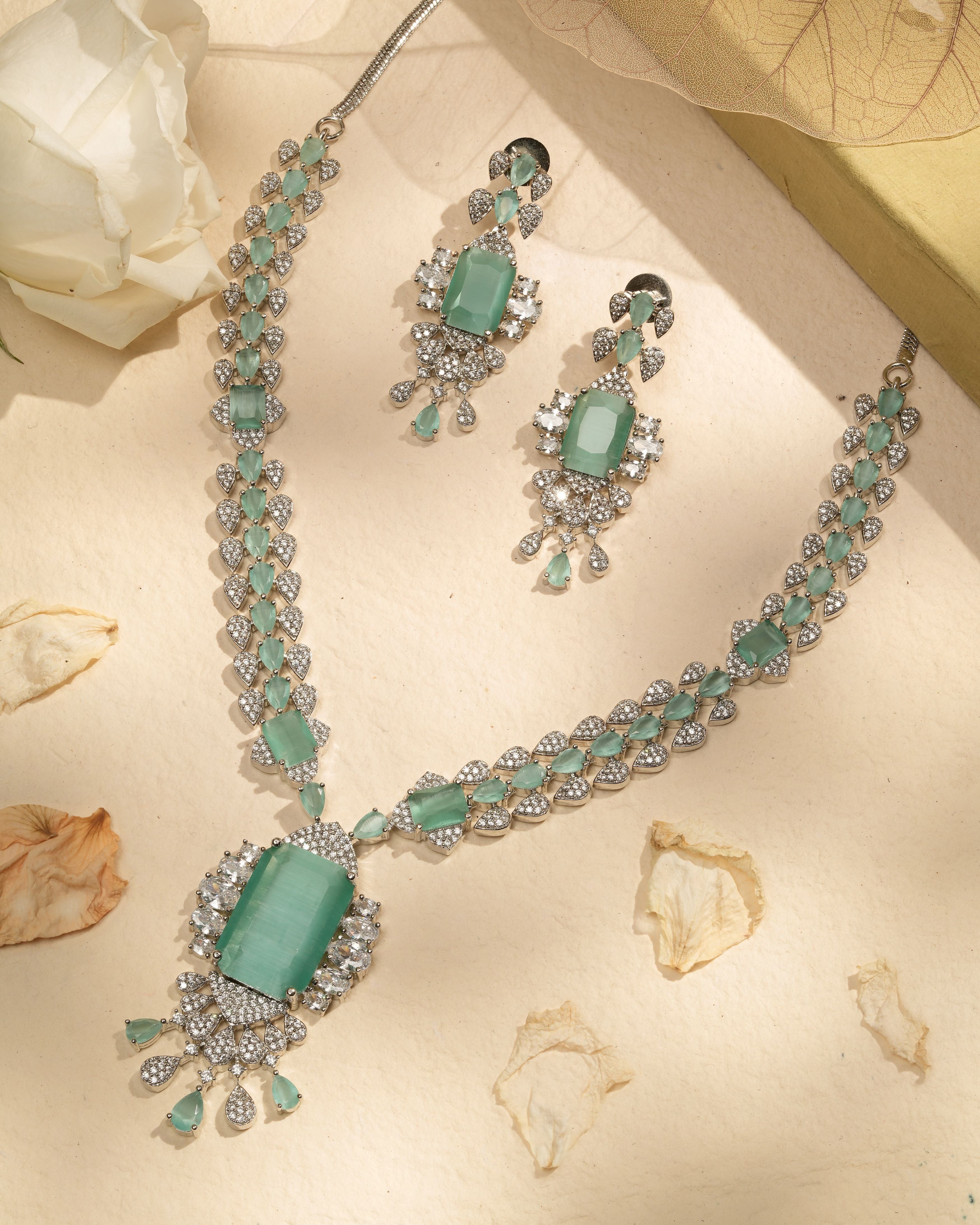 Mataari Necklaces Elegant Green Teardrop Necklace & Earrings Set | Rhodium | Indian Jewelry | Mataari