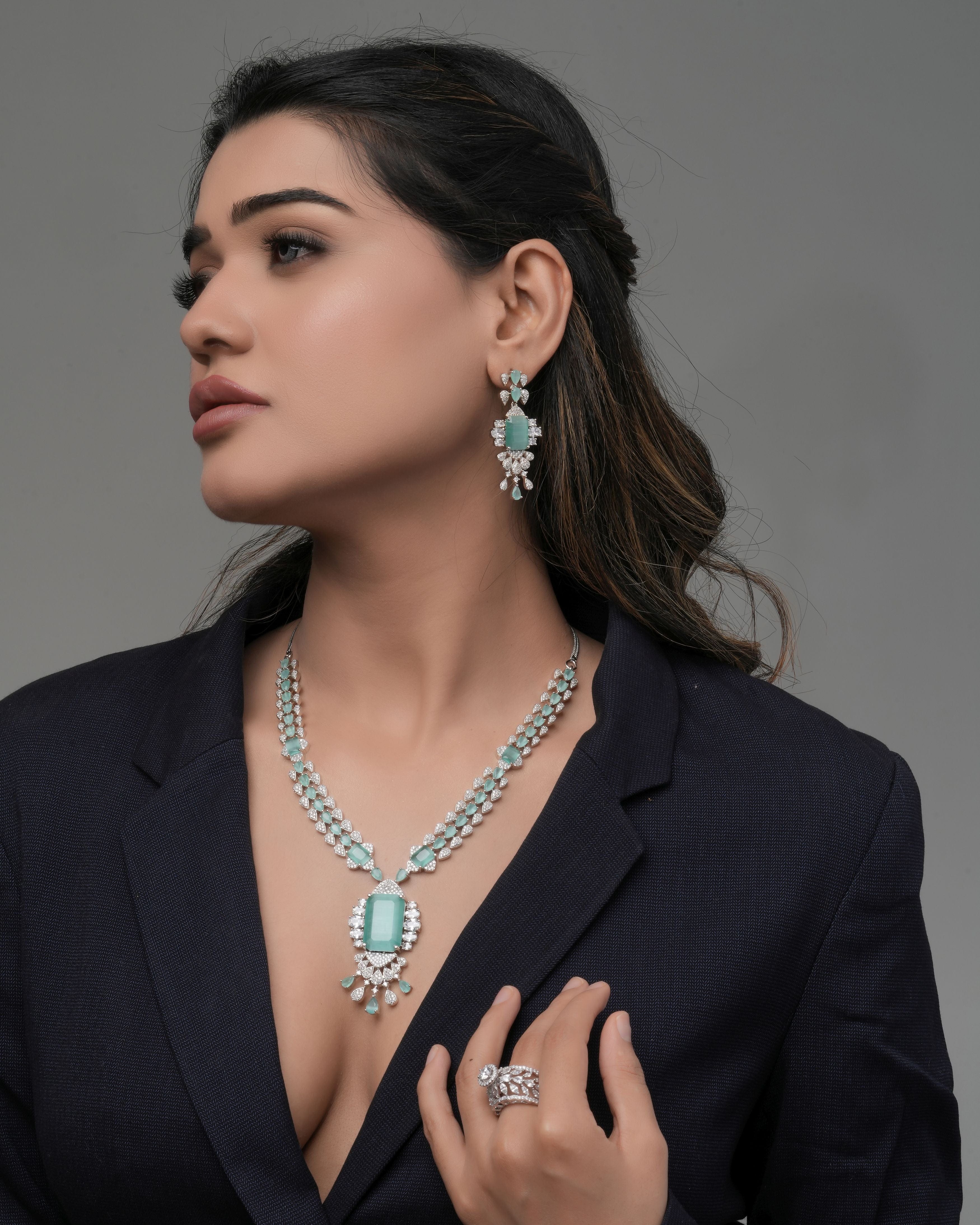 Mataari Necklaces Elegant Green Teardrop Necklace & Earrings Set | Rhodium | Indian Jewelry | Mataari