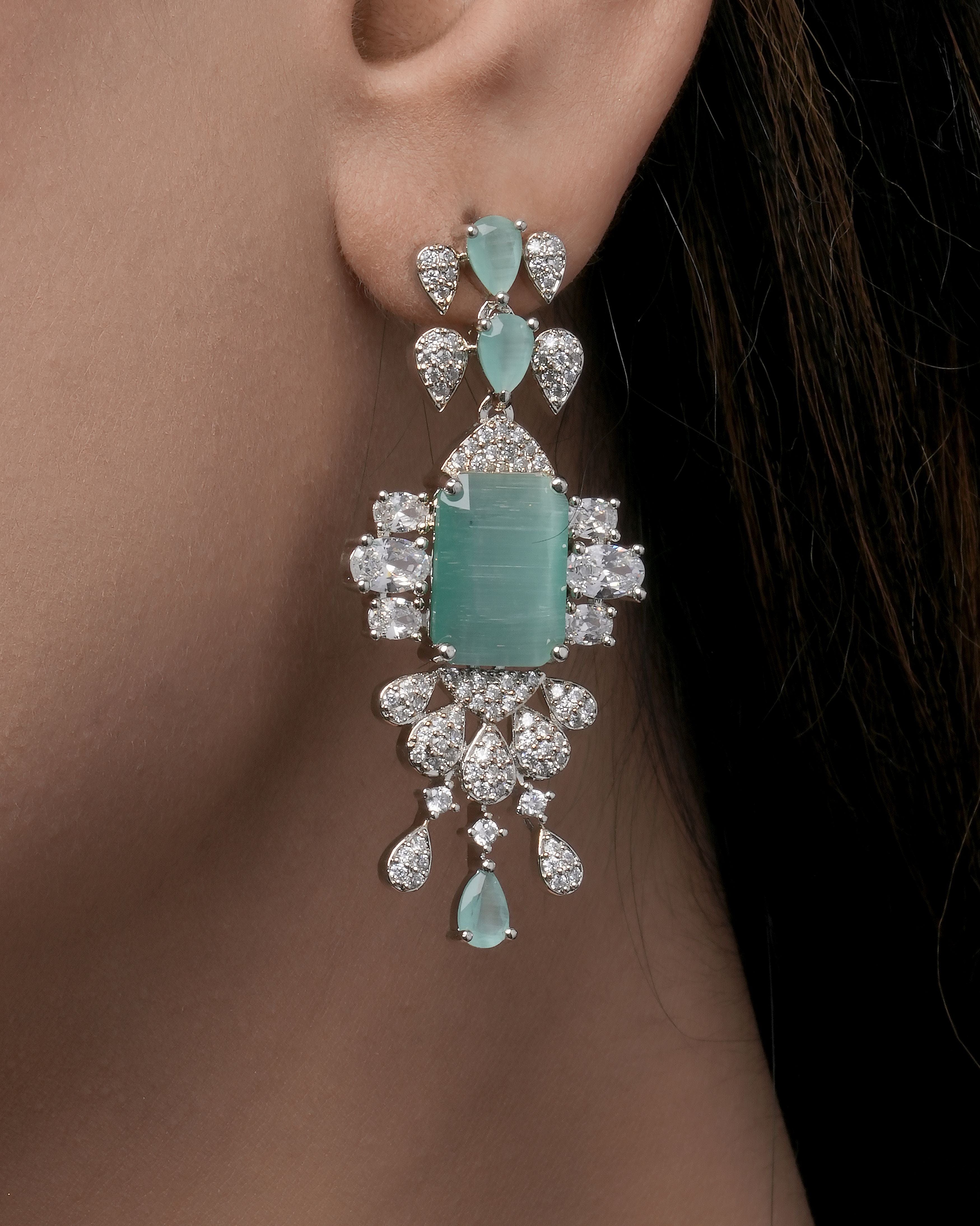 Mataari Necklaces Elegant Green Teardrop Necklace & Earrings Set | Rhodium | Indian Jewelry | Mataari