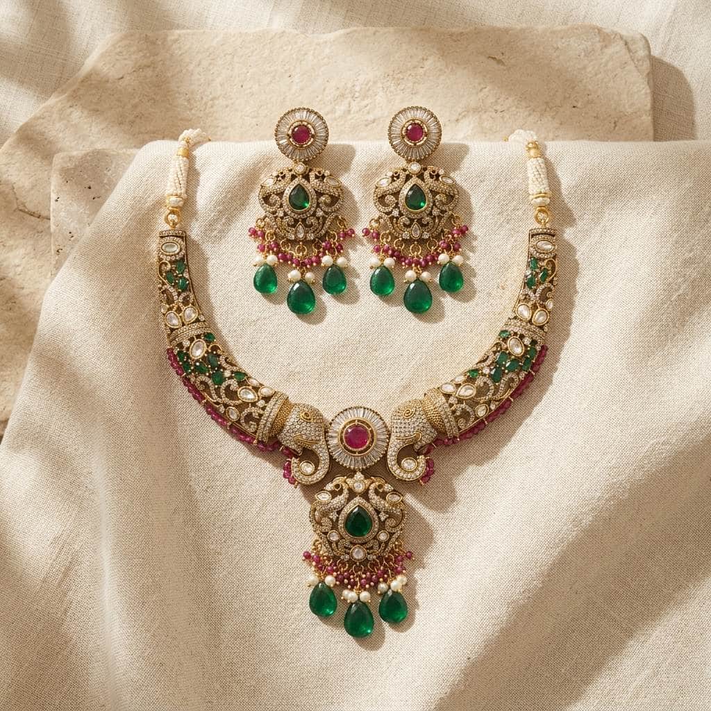 Mataari Necklaces Elephant Gold Plated Crystal Baguette CZ Peacock Bridal Necklace
