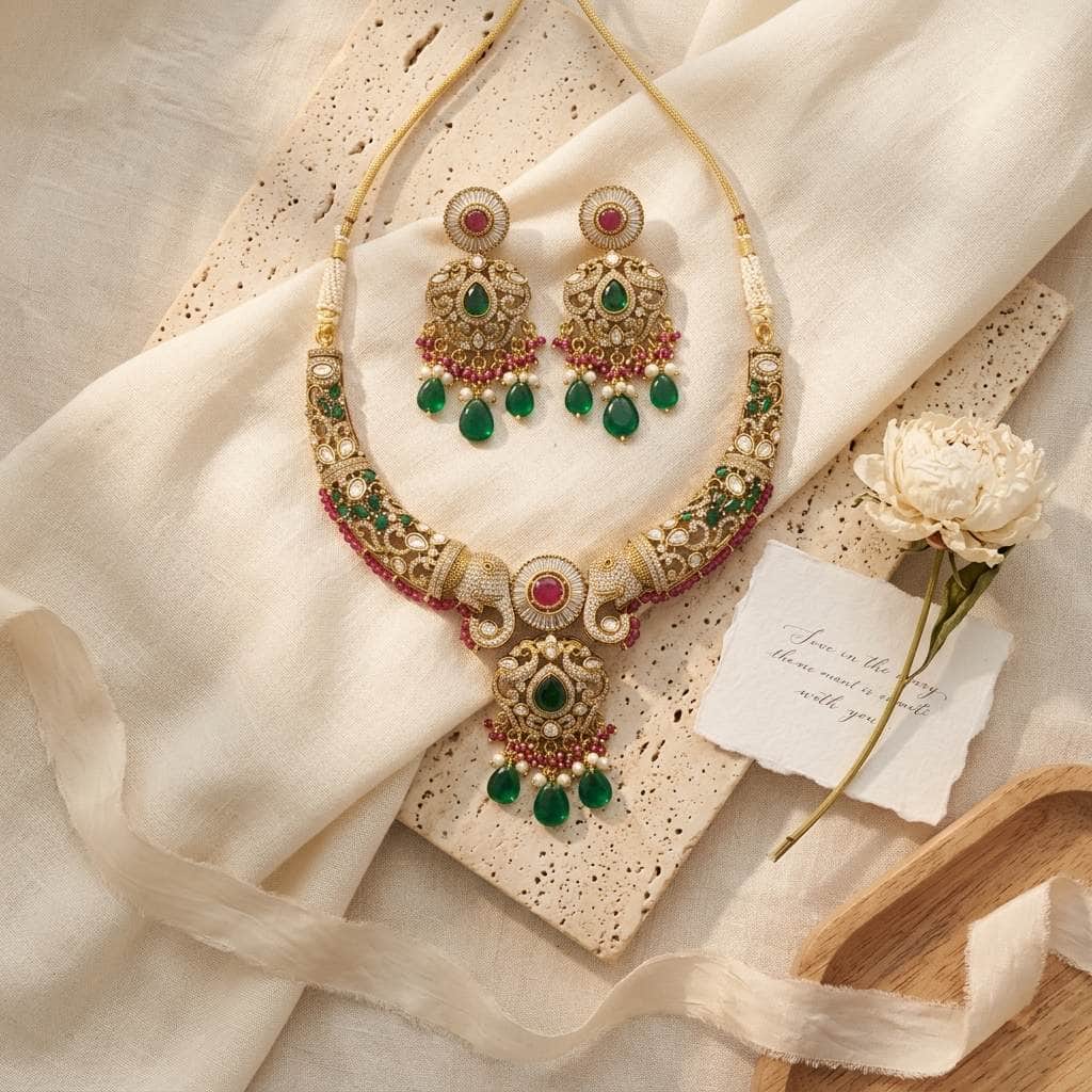 Mataari Necklaces Elephant Gold Plated Crystal Baguette CZ Peacock Bridal Necklace