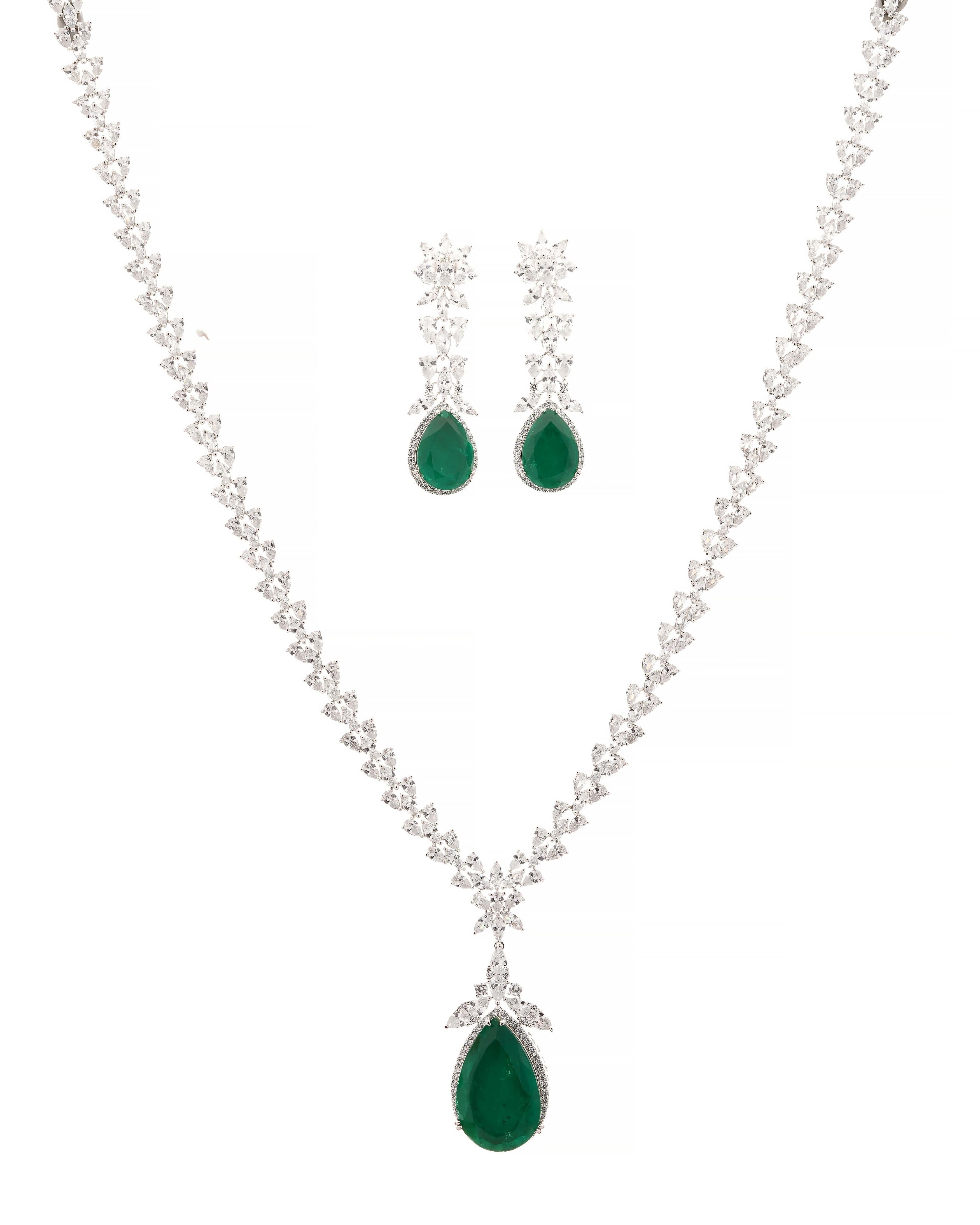 Mataari Necklaces Emeral Cascade CZ Swarovski Elements Necklace & | Rhodium | Indian Jewelry | Mataari