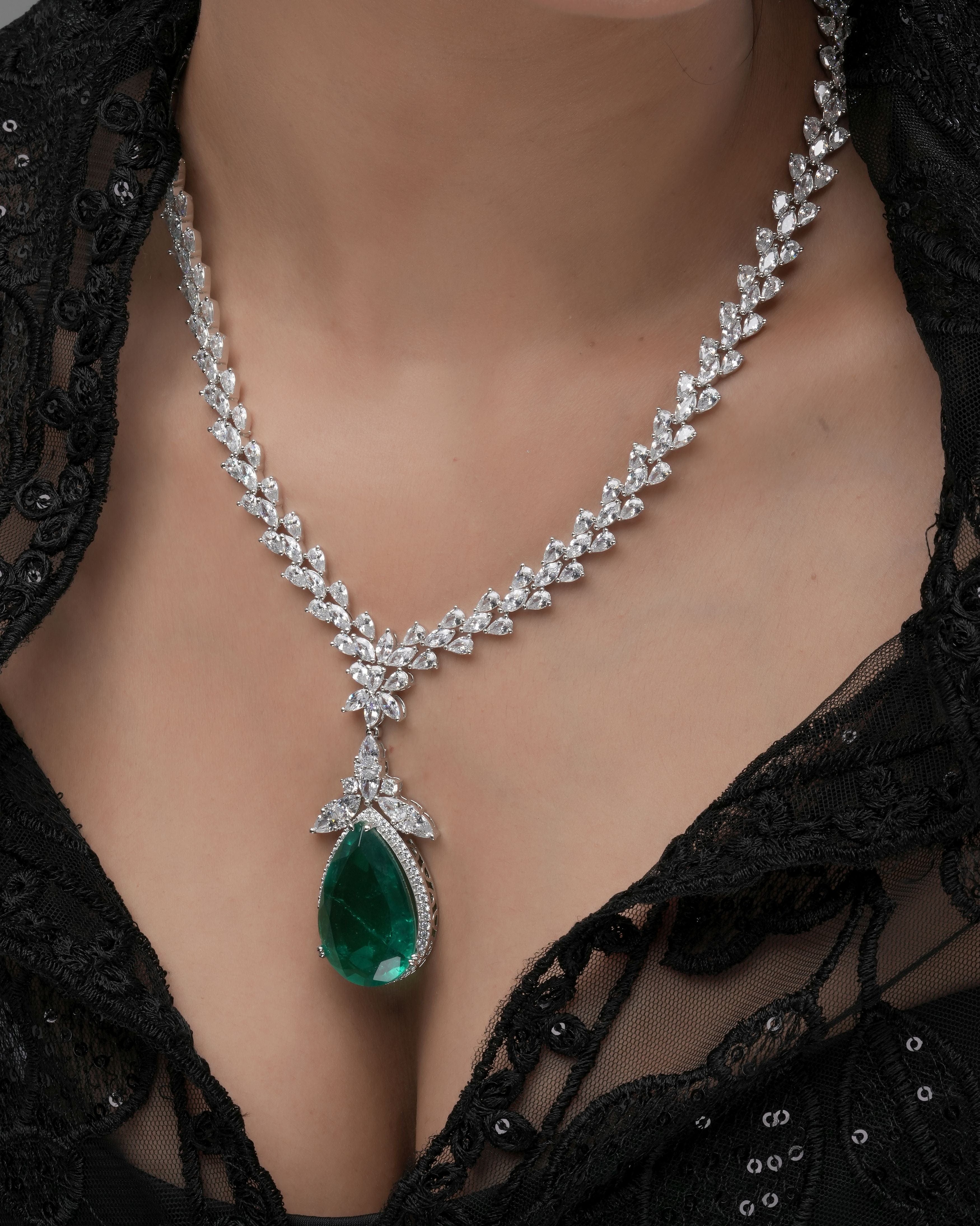 Mataari Necklaces Emeral Cascade CZ Swarovski Elements Necklace & | Rhodium | Indian Jewelry | Mataari
