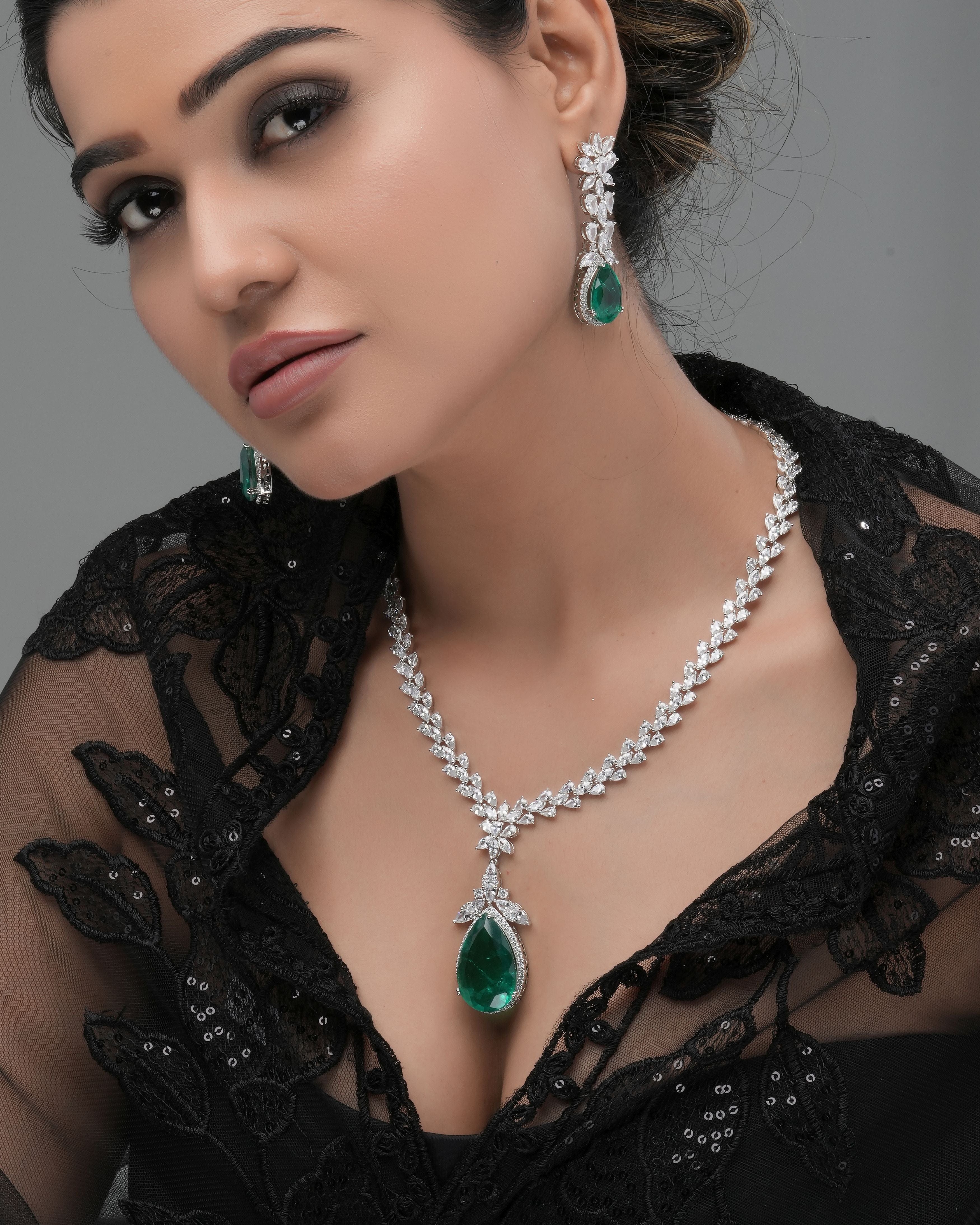Mataari Necklaces Emeral Cascade CZ Swarovski Elements Necklace & | Rhodium | Indian Jewelry | Mataari