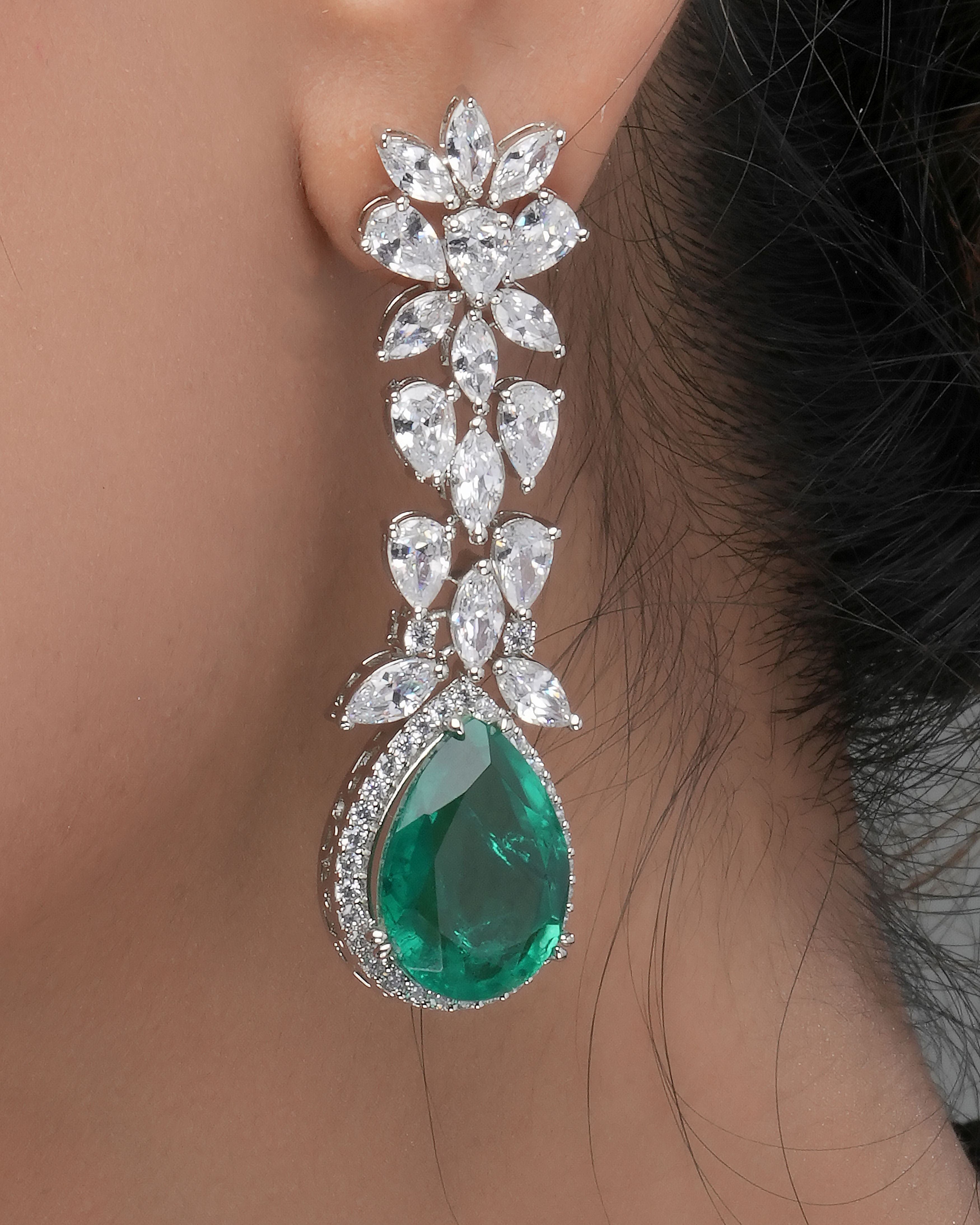 Mataari Necklaces Emeral Cascade CZ Swarovski Elements Necklace & | Rhodium | Indian Jewelry | Mataari