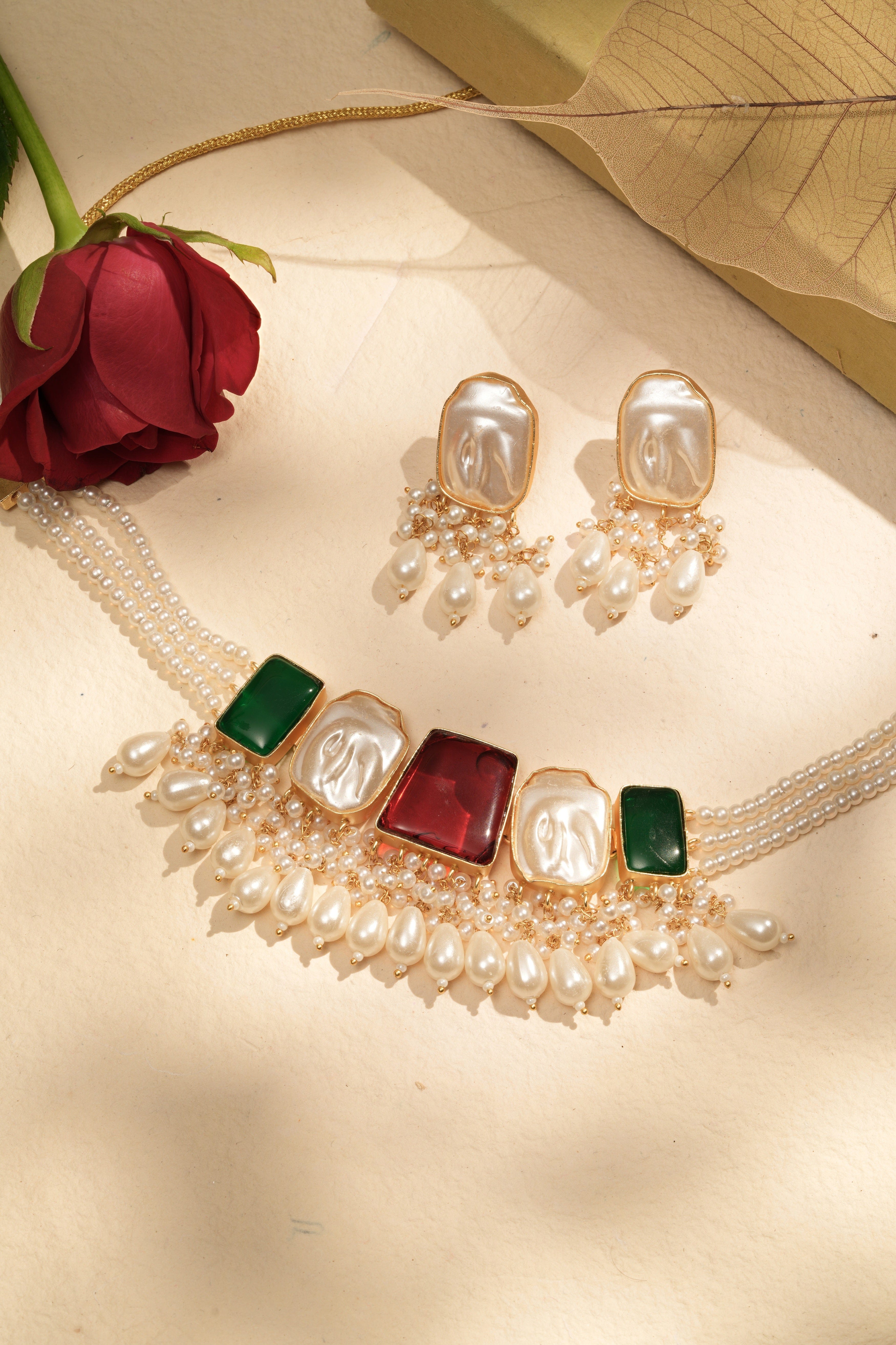 Mataari Necklaces Rose Quartz & Aqua Aventurine Pearl Cascade | CZ | Indian Jewelry | Mataari