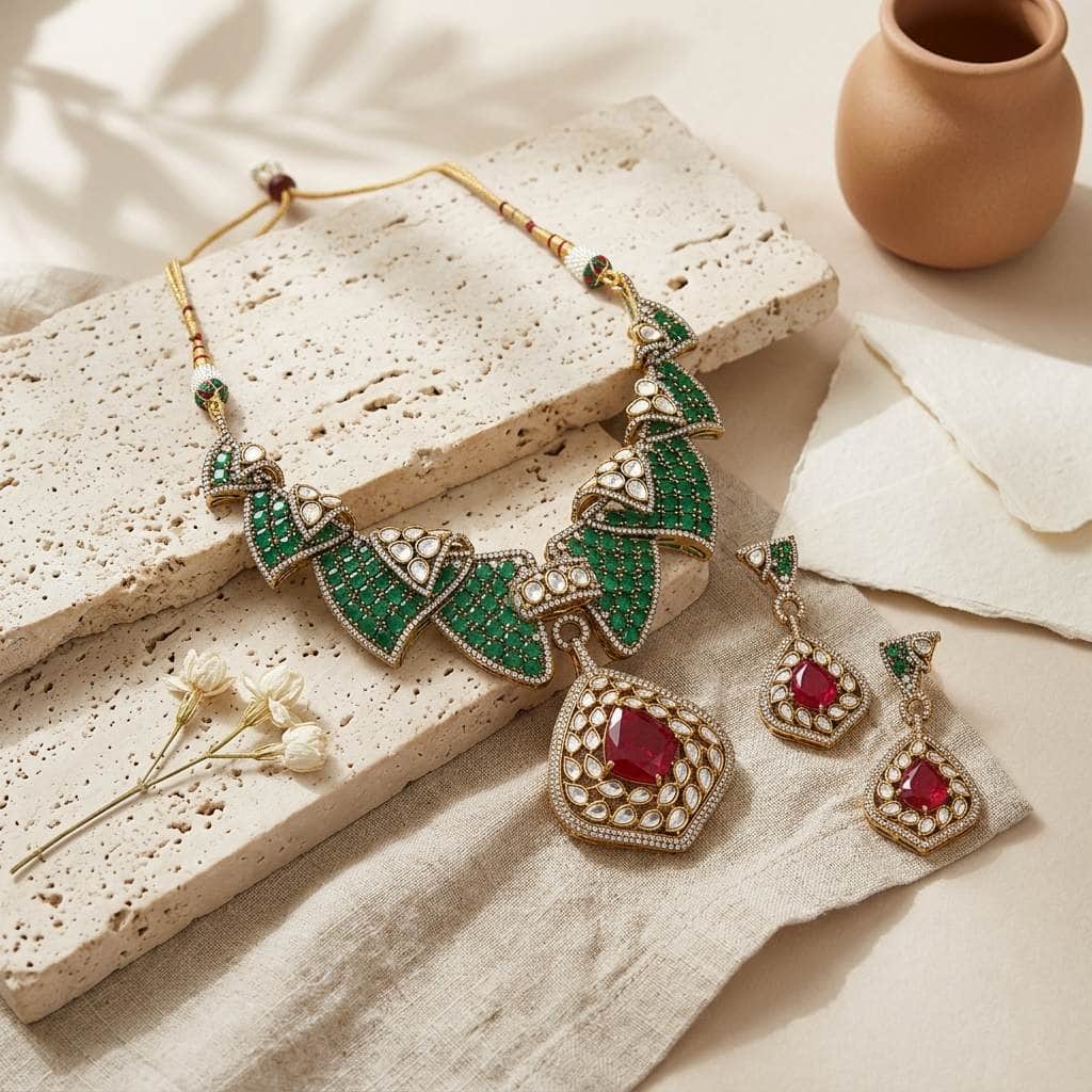 Mataari Necklaces Emerald Antique Gold Cubic Zirconia Kundan Polki Bridal Necklace
