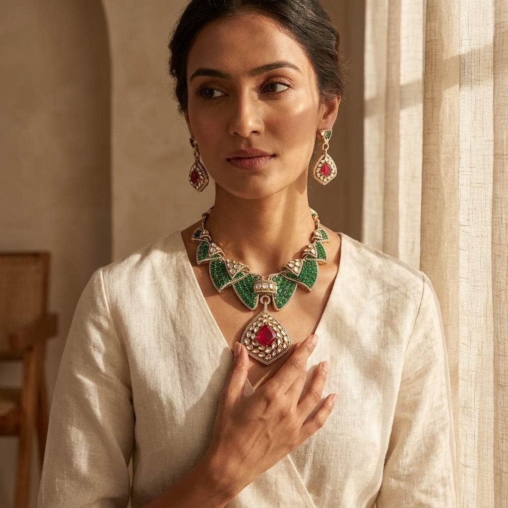 Mataari Necklaces Emerald Antique Gold Cubic Zirconia Kundan Polki Bridal Necklace
