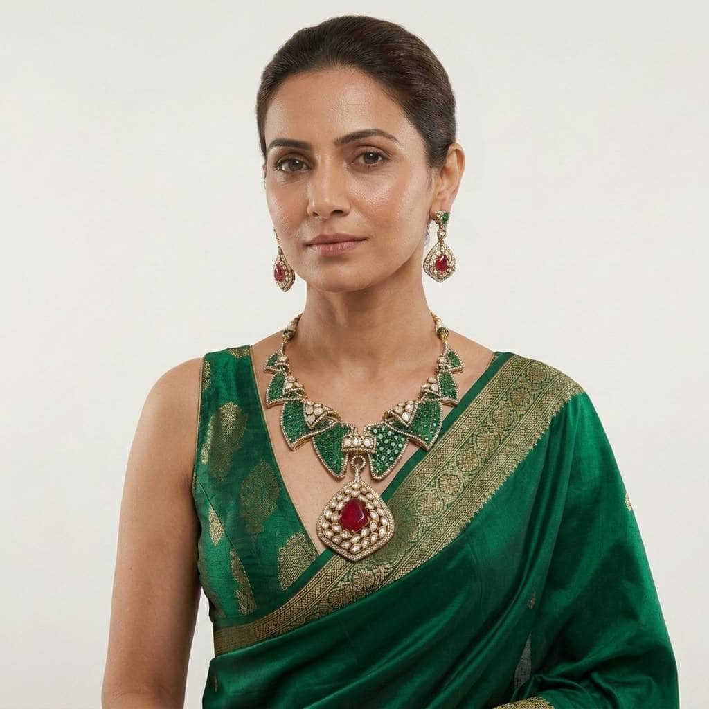 Mataari Necklaces Emerald Antique Gold Cubic Zirconia Kundan Polki Bridal Necklace