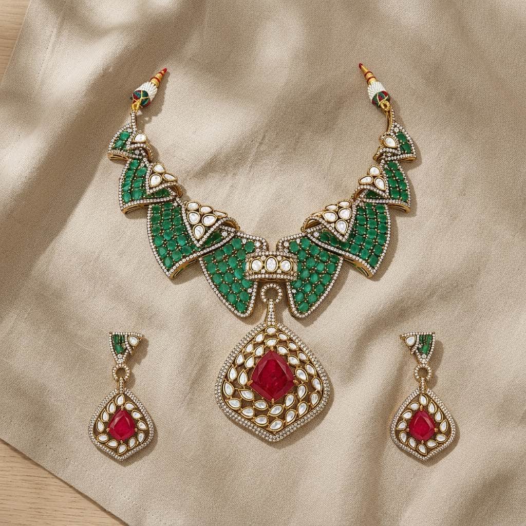Mataari Necklaces Emerald Antique Gold Cubic Zirconia Kundan Polki Bridal Necklace
