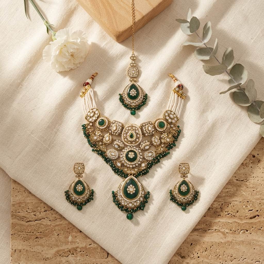 Mataari Necklaces Emerald Antique Gold Polki Kundan Beaded Pearl Bridal Necklace with Maang Tikka