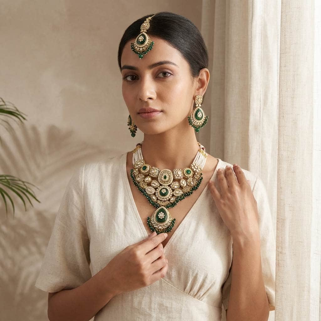 Mataari Necklaces Emerald Antique Gold Polki Kundan Beaded Pearl Bridal Necklace with Maang Tikka
