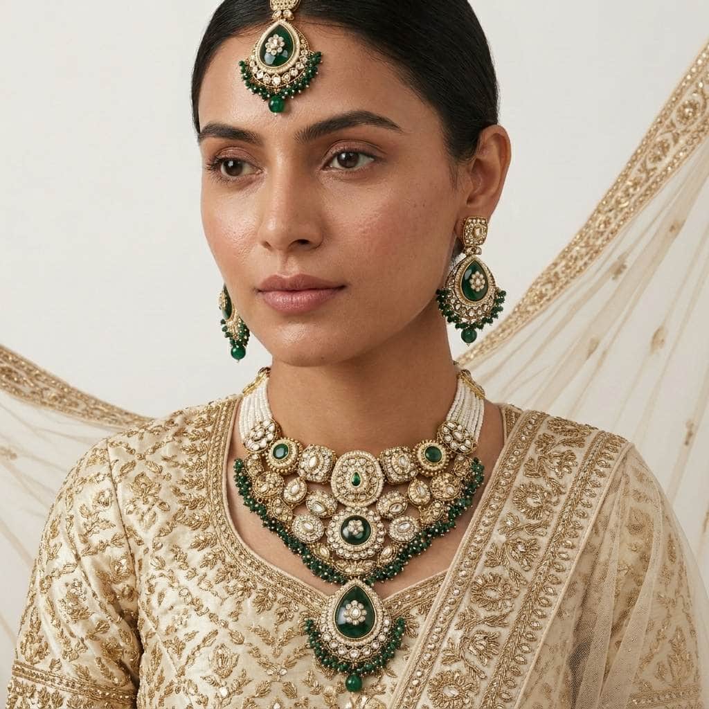 Mataari Necklaces Emerald Antique Gold Polki Kundan Beaded Pearl Bridal Necklace with Maang Tikka